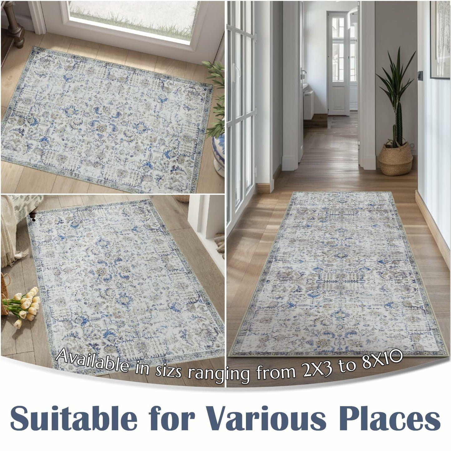 jinchan 5x7 Blue Washable Vintage Floral Area Rug Non-Slip Boho Carpet