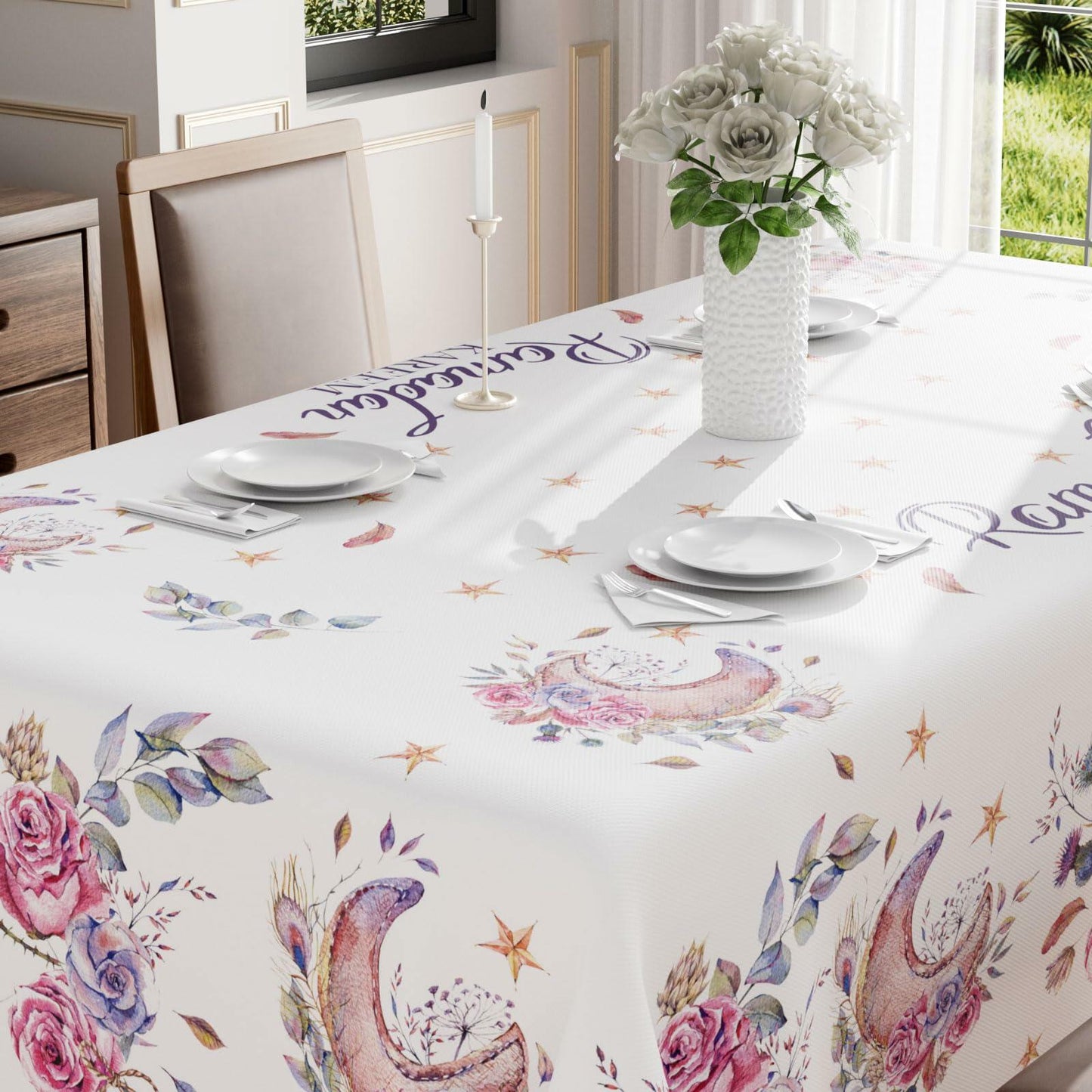 BOTB LIHM Ramadan Watercolor Moons Flowers Tablecloth 60x120 Inch
