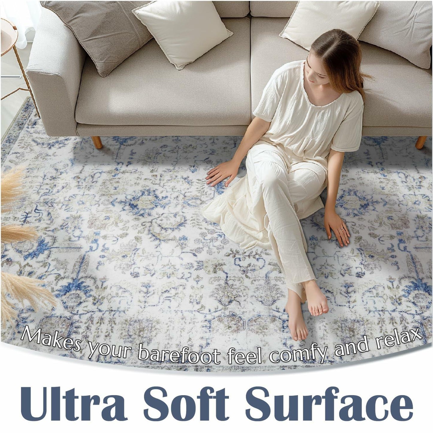 jinchan 5x7 Blue Washable Vintage Floral Area Rug Non-Slip Boho Carpet