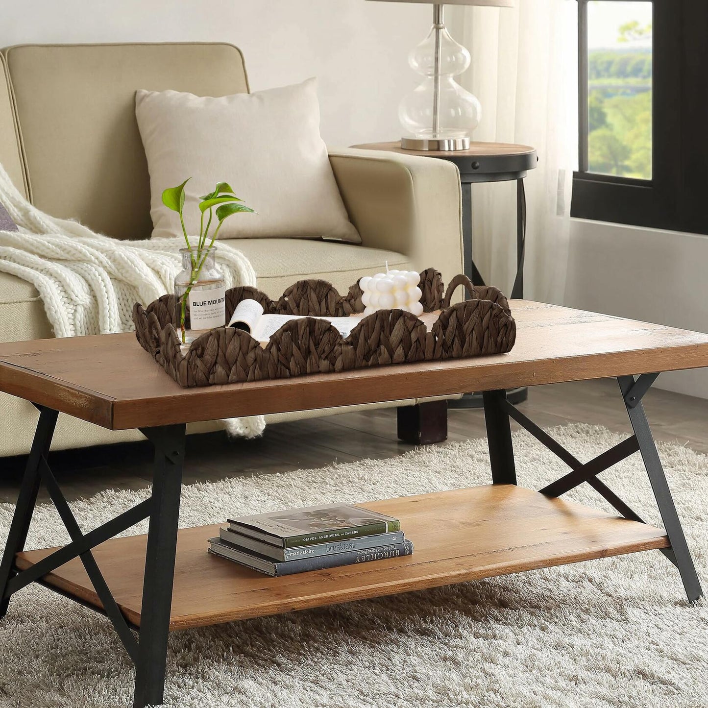 Rectangle Serving Tray with Handles Brown Food Fruit Coffee Table Ottoman Tray