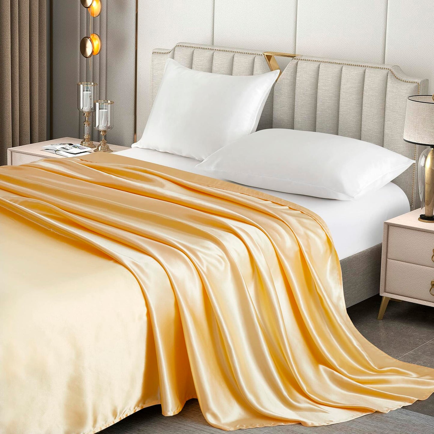 Counfeisly Satin Full Flat Sheet Luxury Silky Soft Bed Top Sheet Gold