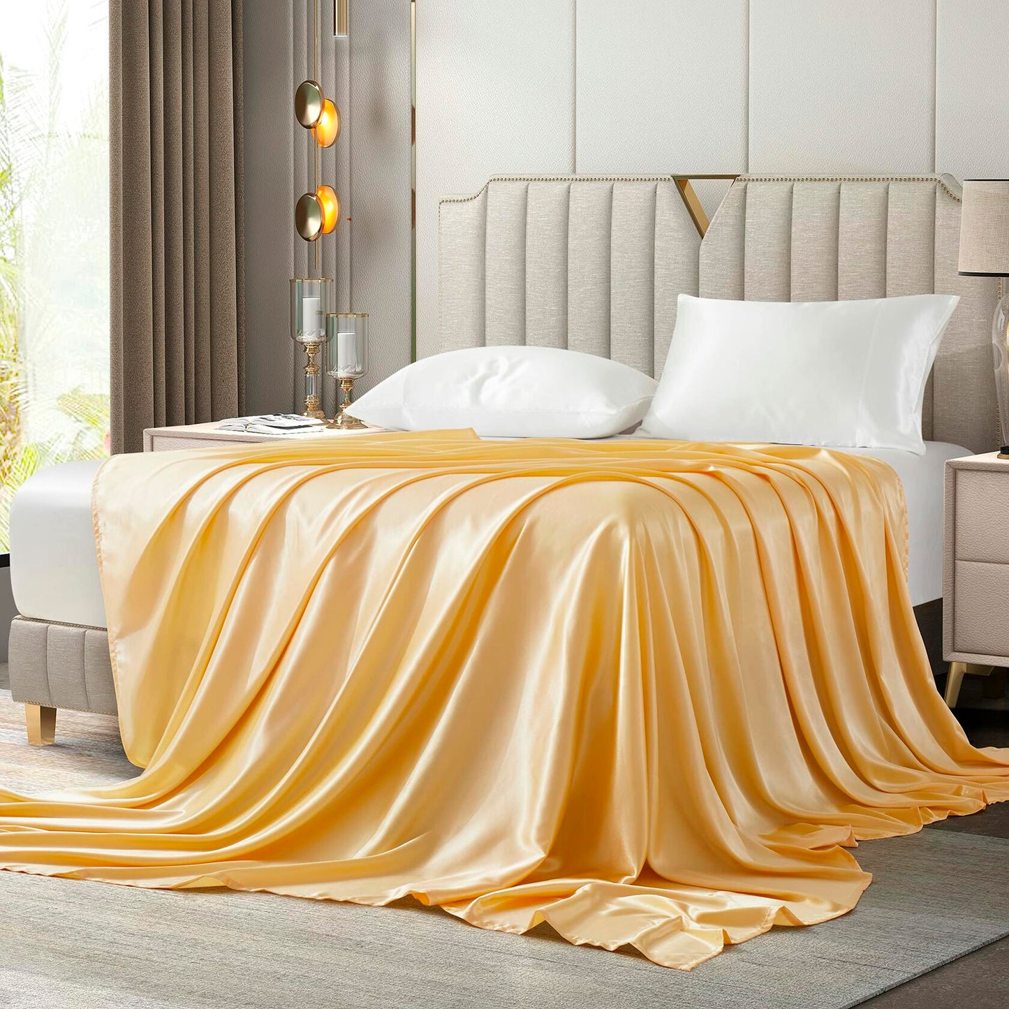 Counfeisly Satin Full Flat Sheet Luxury Silky Soft Bed Top Sheet Gold