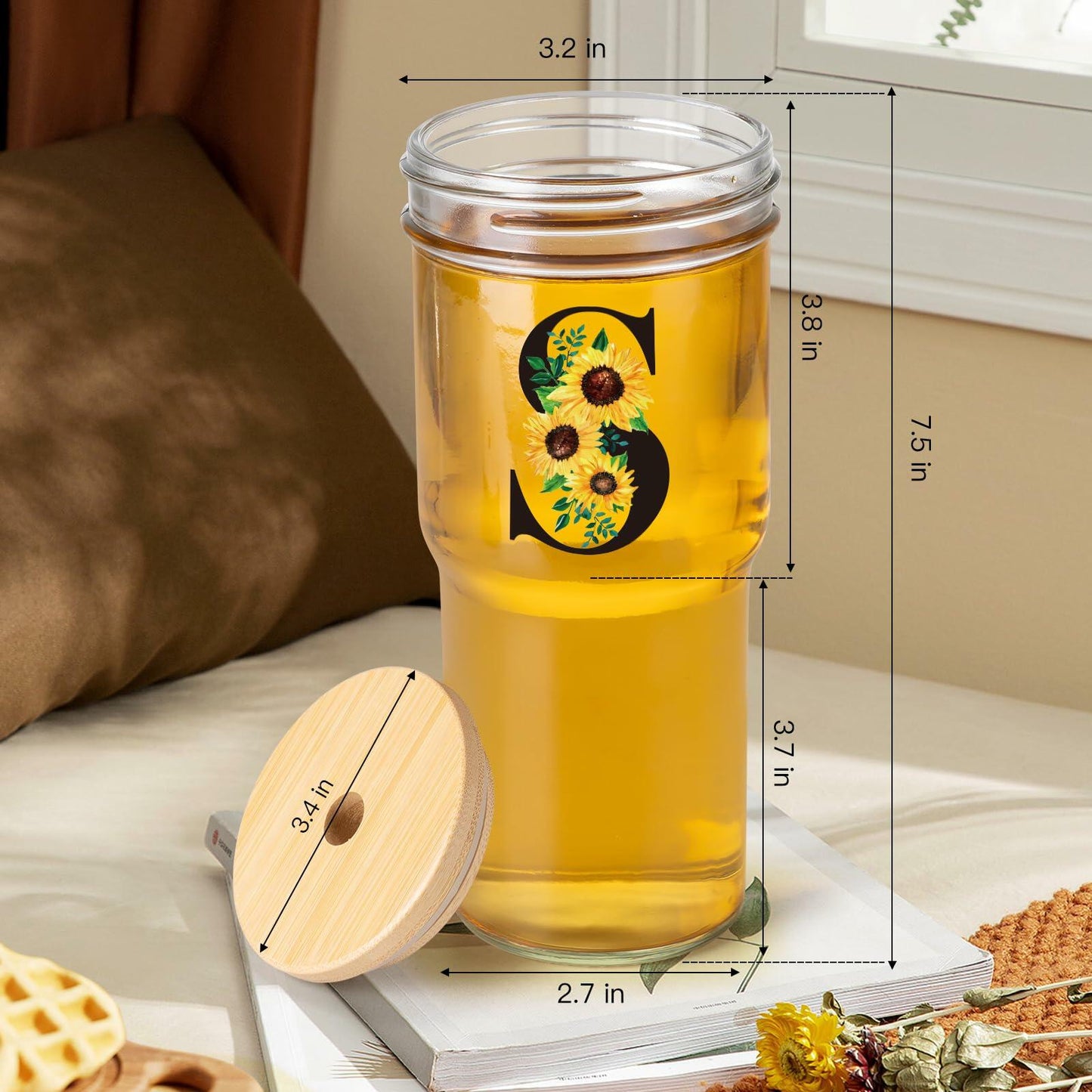 Personalized Initial Glass Cup 24oz Tumbler with Lid Straw J Flowers
