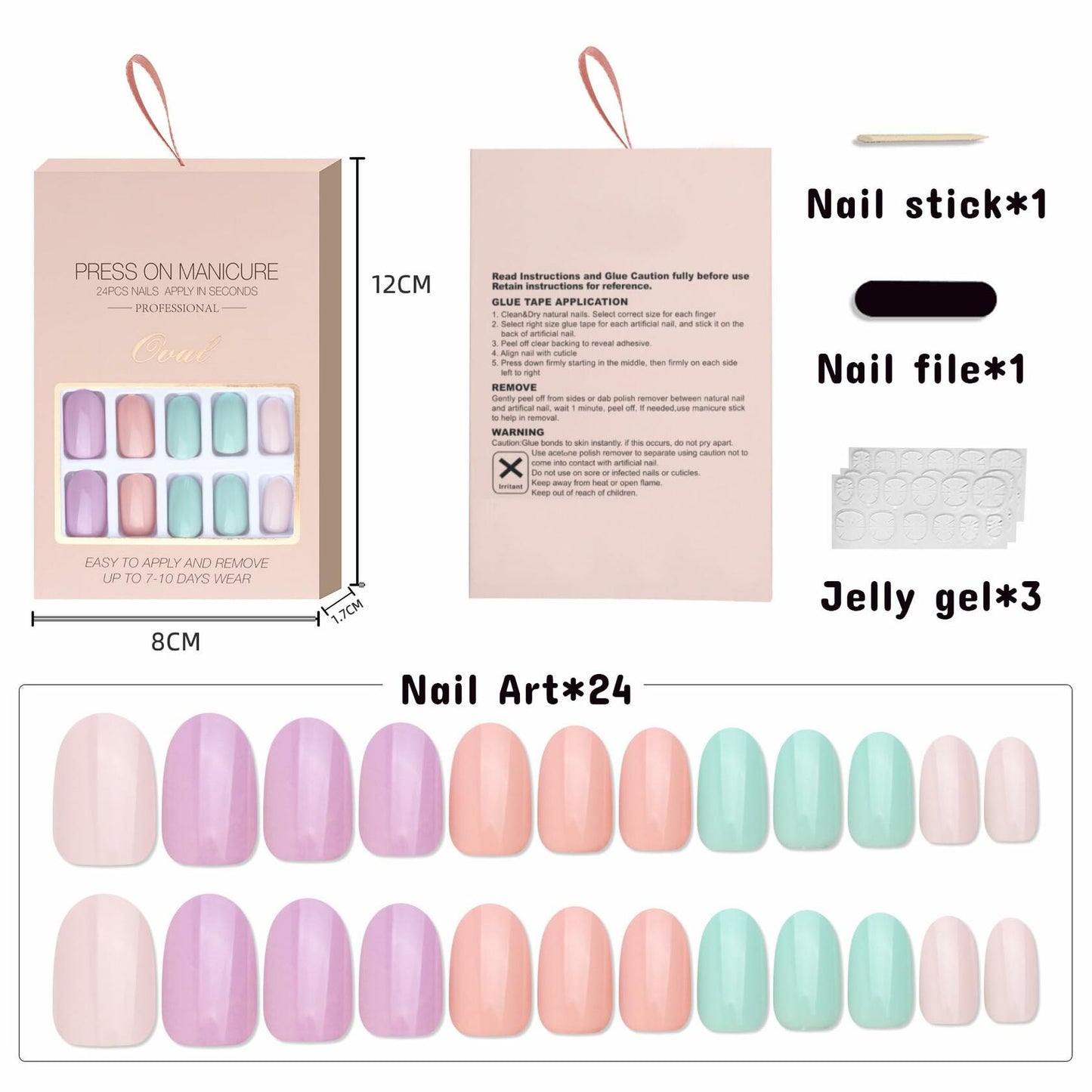 Press On Nails Short Square 24pcs Reusable Colorful Full Cover False Nails