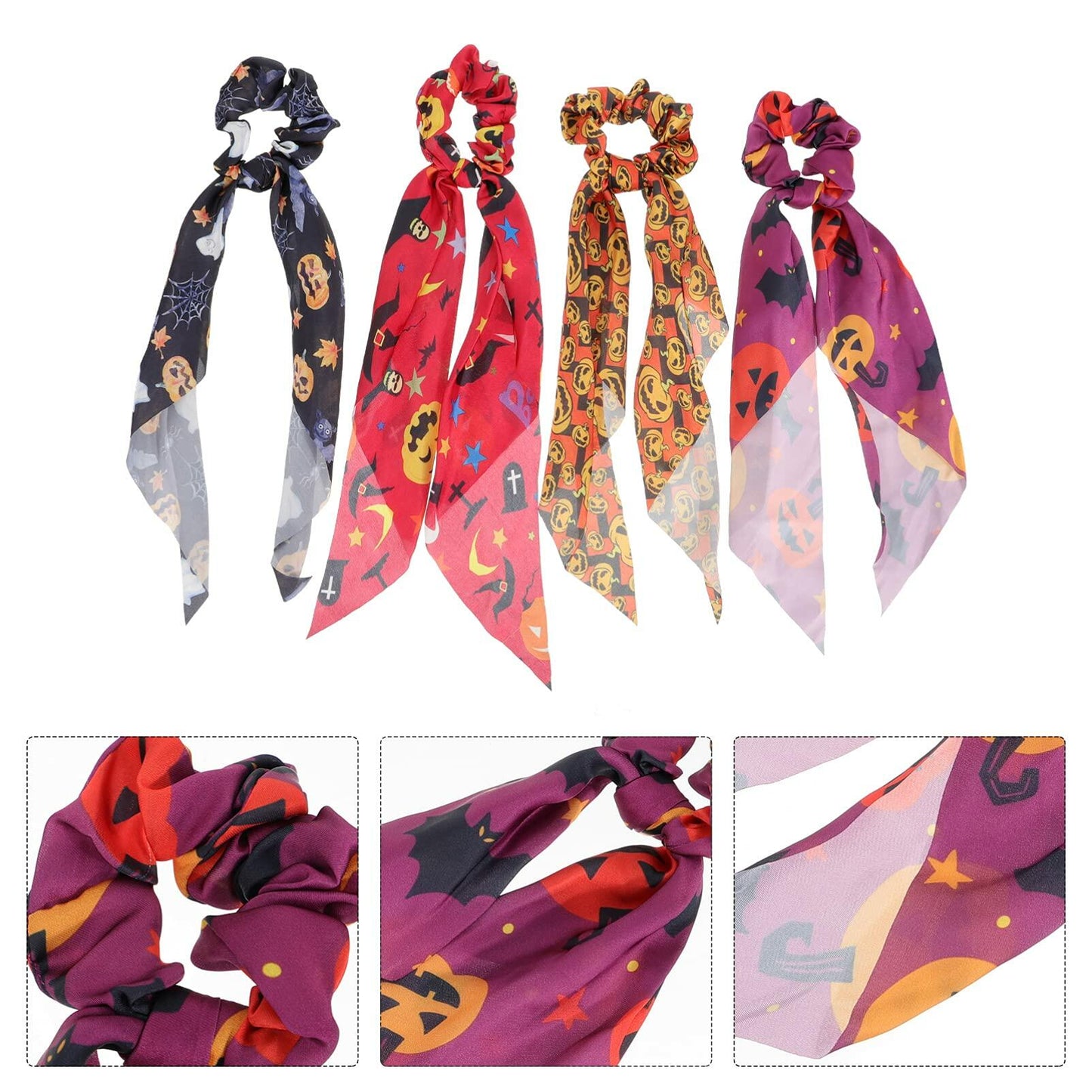 4pcs Halloween Pumpkin Satin Hair Scrunchies Elastics Orange for Girls