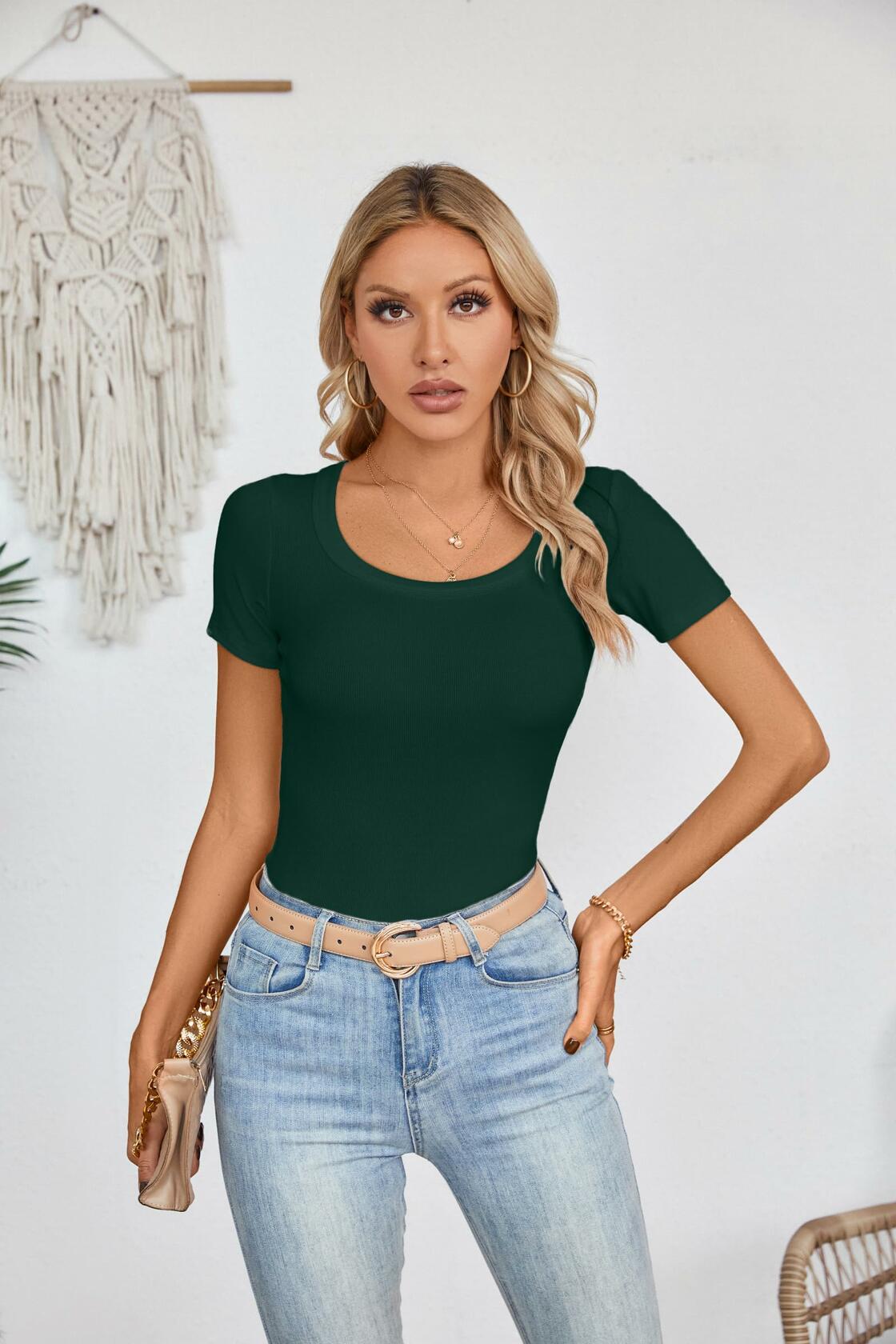Haochic Womens Square Neck Slim Fit Ribbed T-Shirt Dark Green Size S