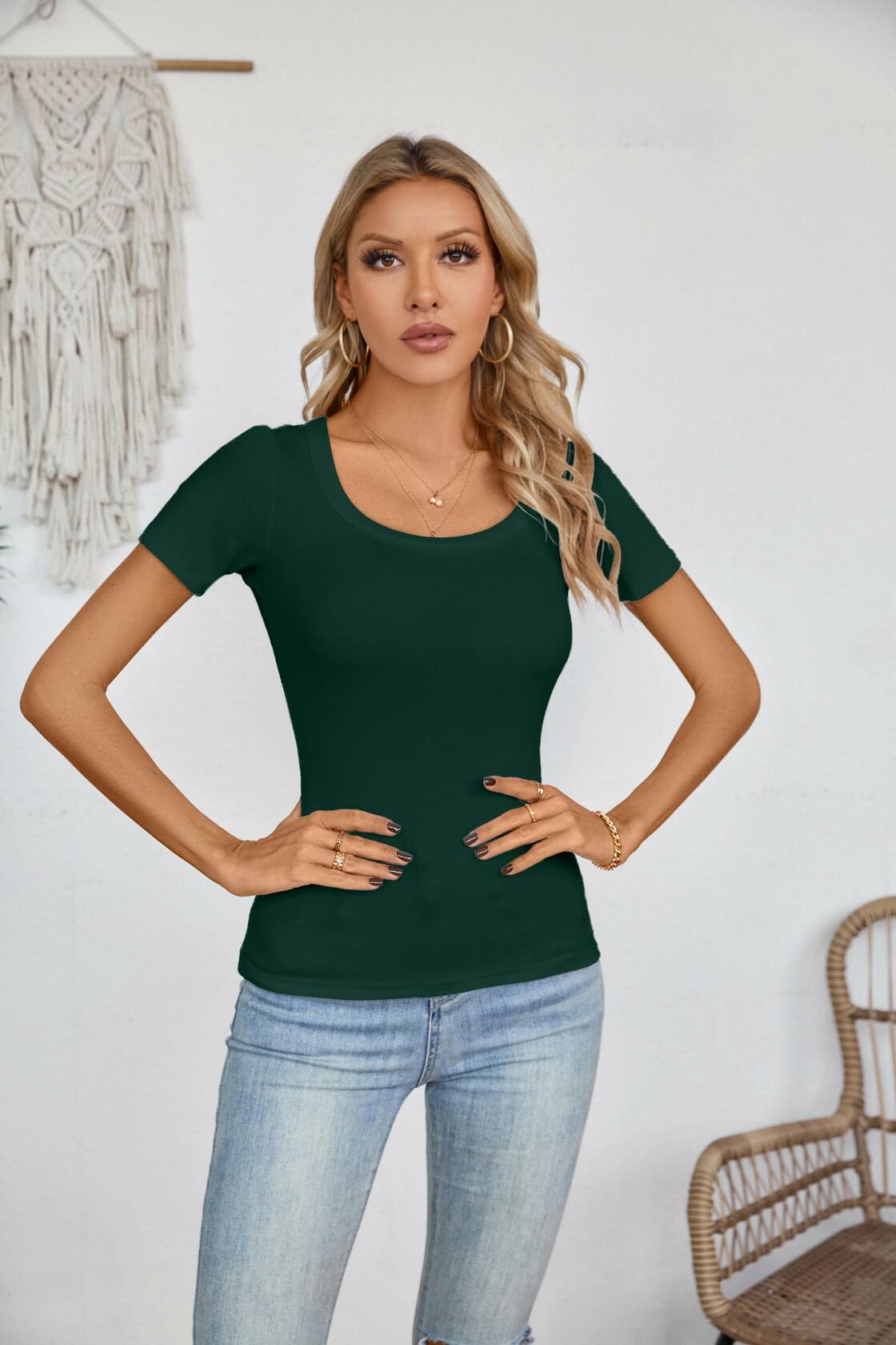 Haochic Womens Square Neck Slim Fit Ribbed T-Shirt Dark Green Size S