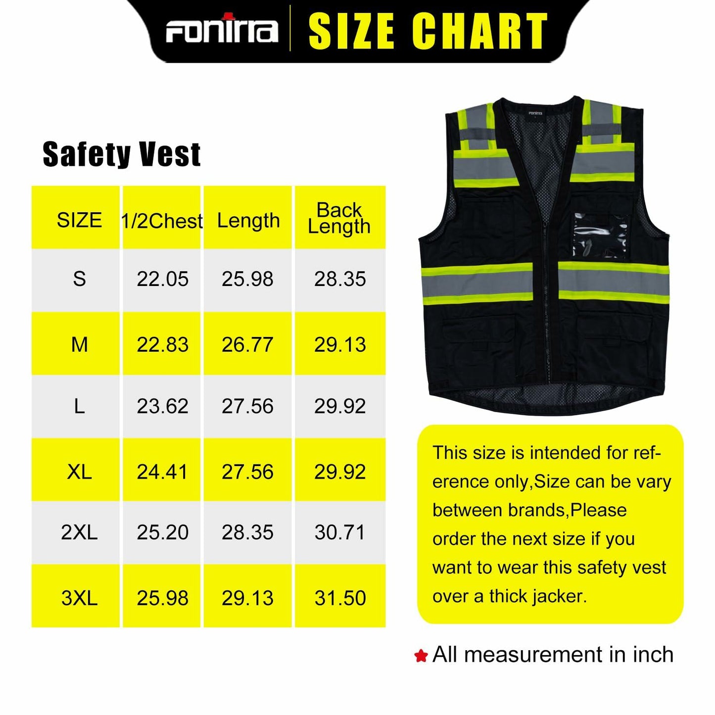 FONIRRA ANSI Class 2 Safety Vest Work Vest with Pockets Zipper Black Size 3XL
