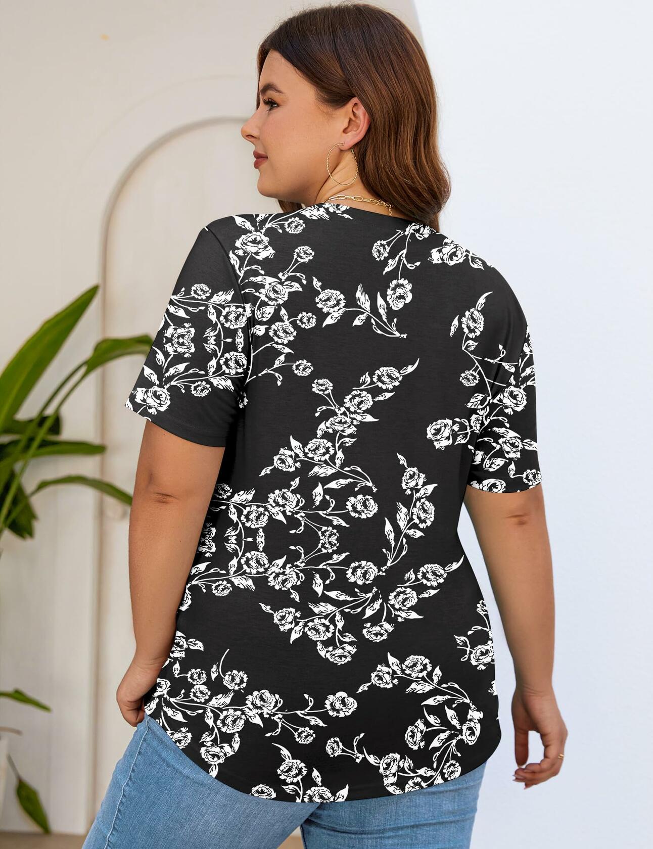 Kistore Women's Tunic Top Plus Size Crew Neck Short Sleeve Black Floral Size 2XL