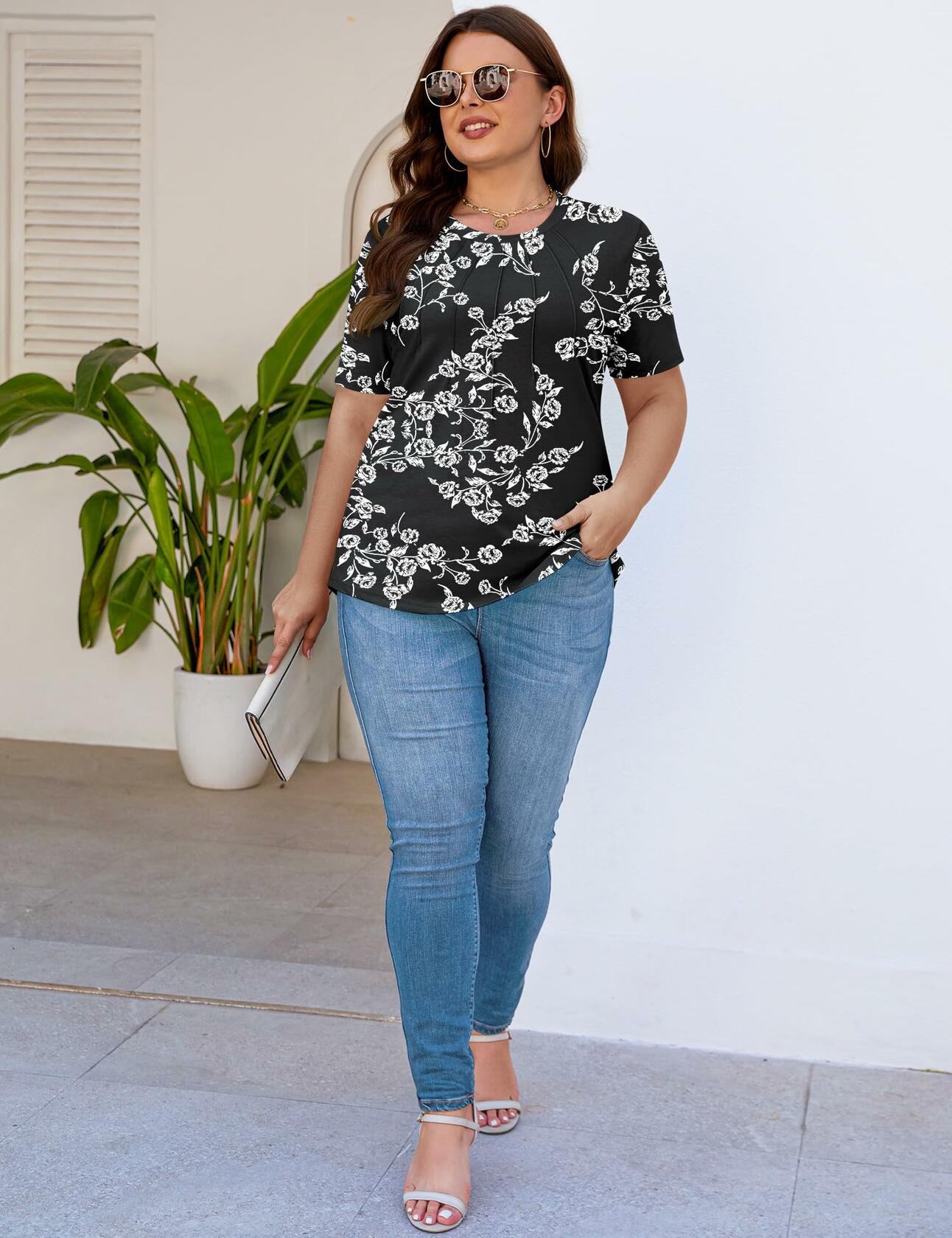Kistore Women's Tunic Top Plus Size Crew Neck Short Sleeve Black Floral Size 2XL