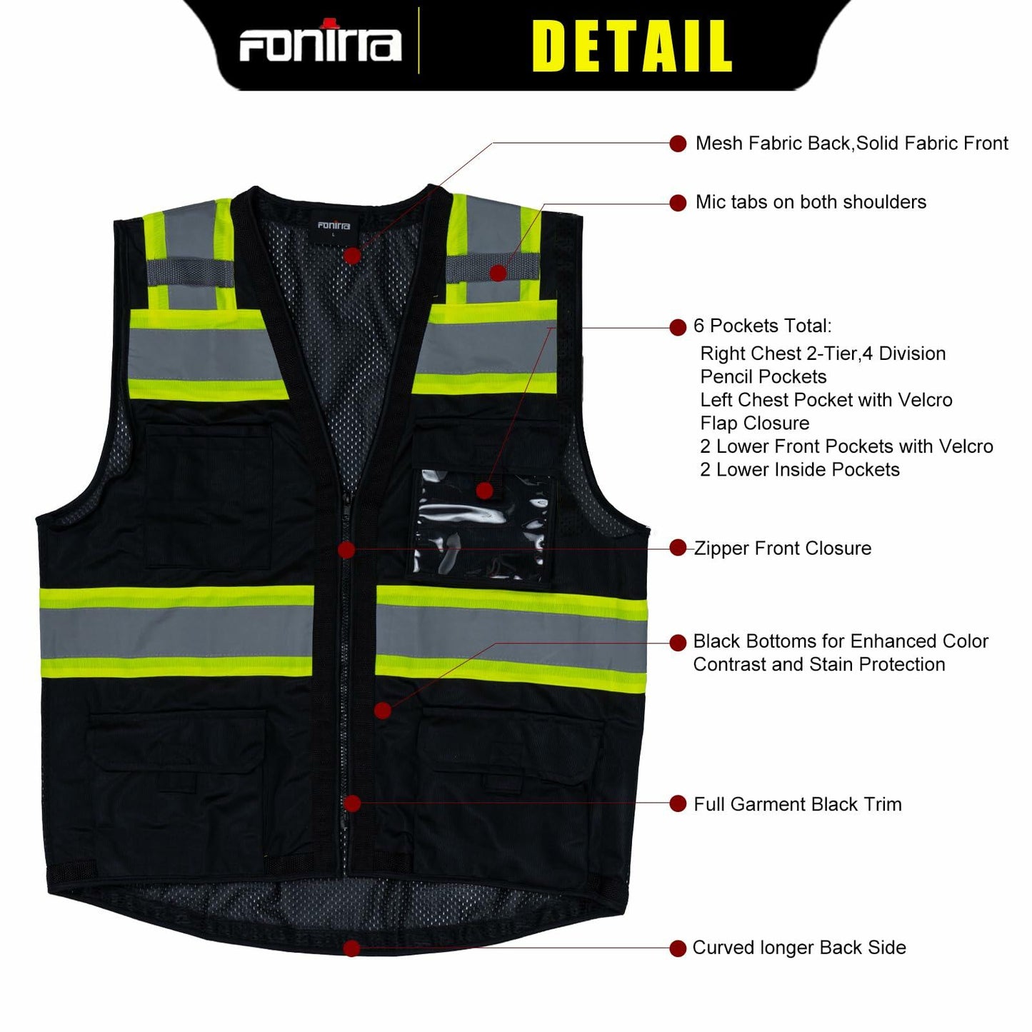 FONIRRA ANSI Class 2 Safety Vest Work Vest with Pockets Zipper Black Size 3XL