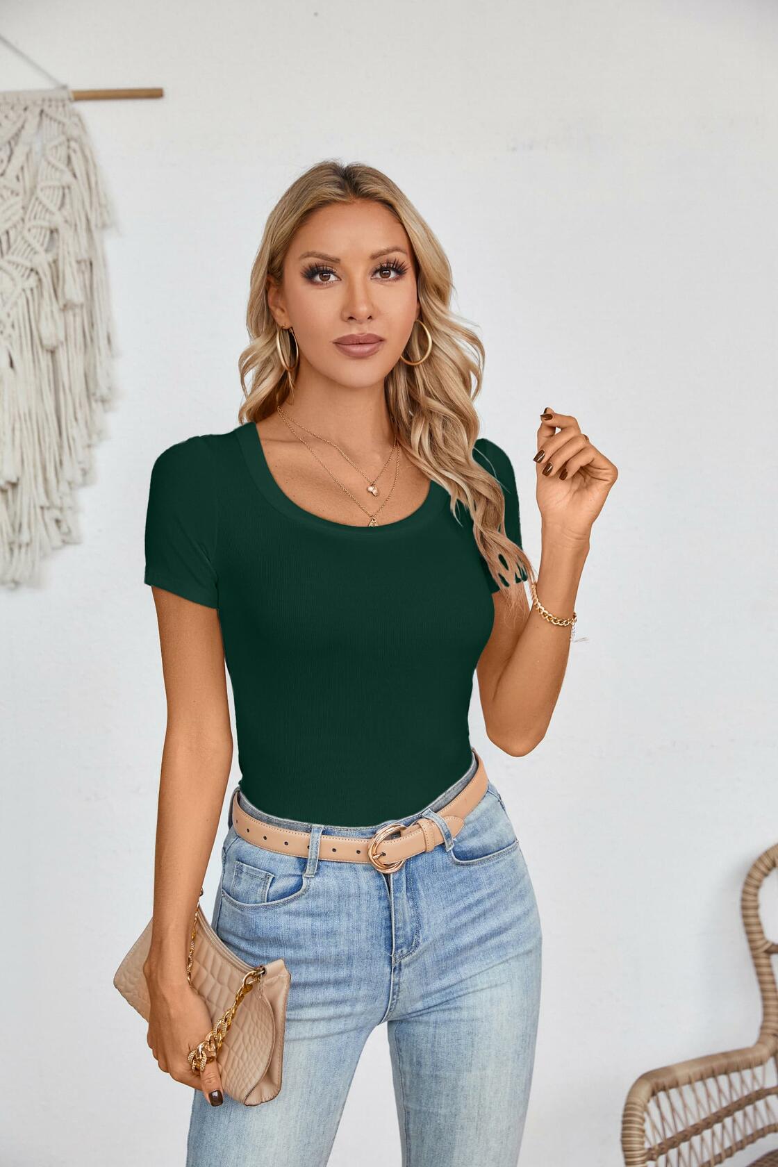 Haochic Womens Square Neck Slim Fit Ribbed T-Shirt Dark Green Size S