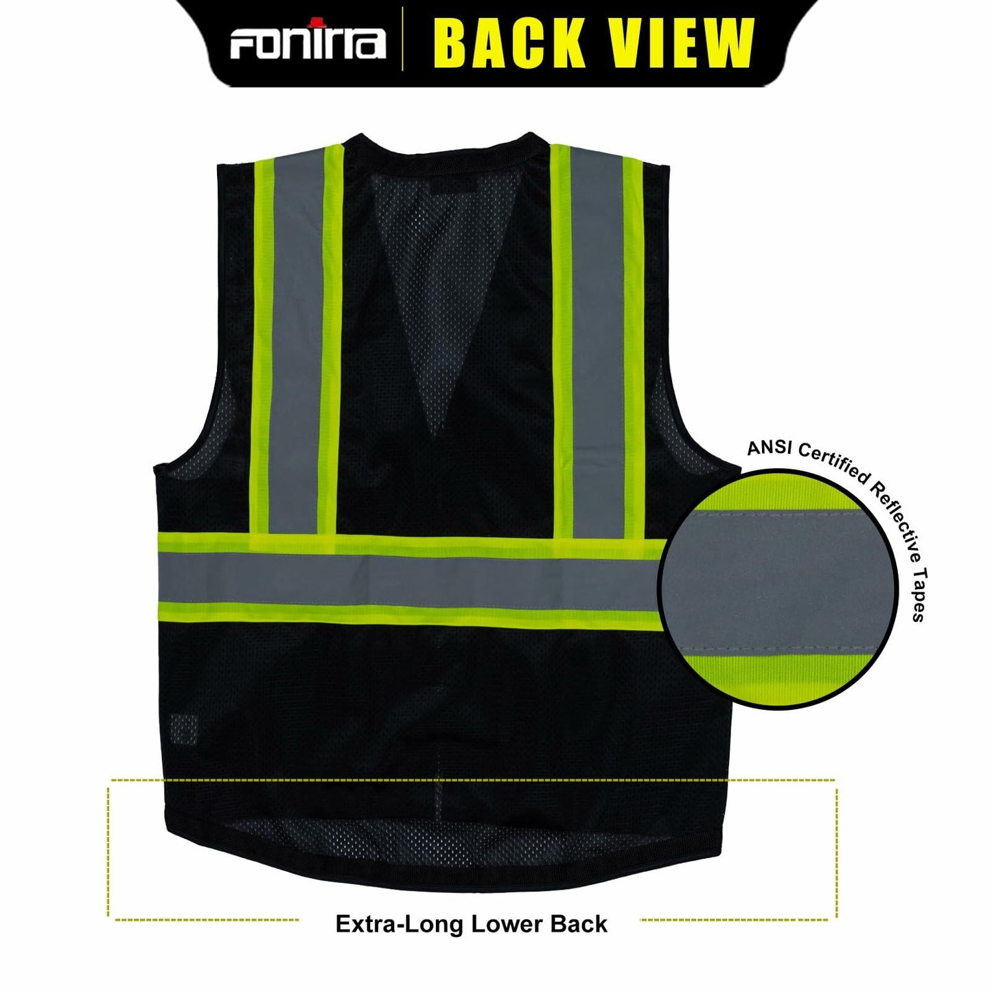 FONIRRA ANSI Class 2 Safety Vest Work Vest with Pockets Zipper Black Size 3XL