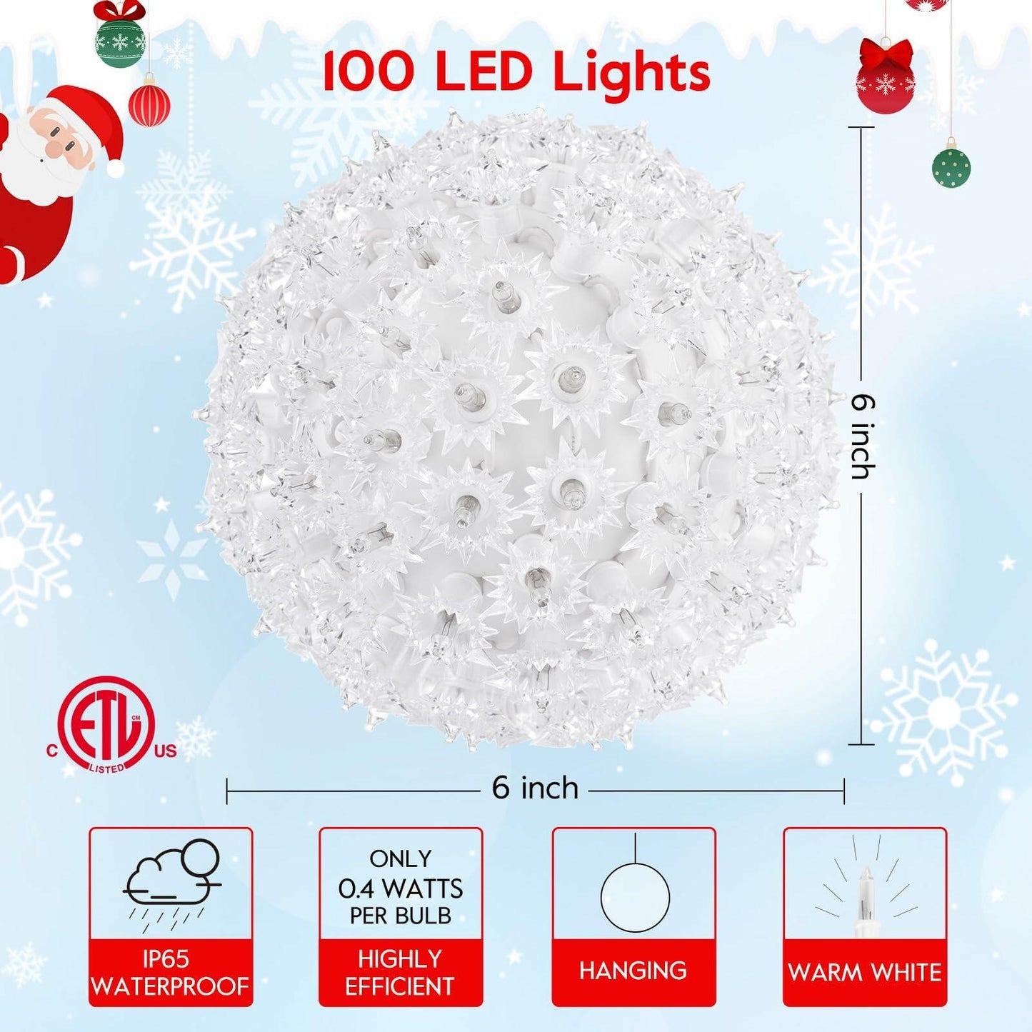 Brightown 6" Christmas Outdoor Sphere Lights 100 Clear Bulbs Plug In