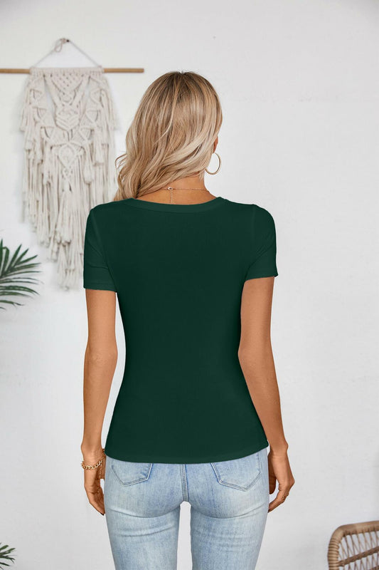 Haochic Womens Square Neck Slim Fit Ribbed T-Shirt Dark Green Size S