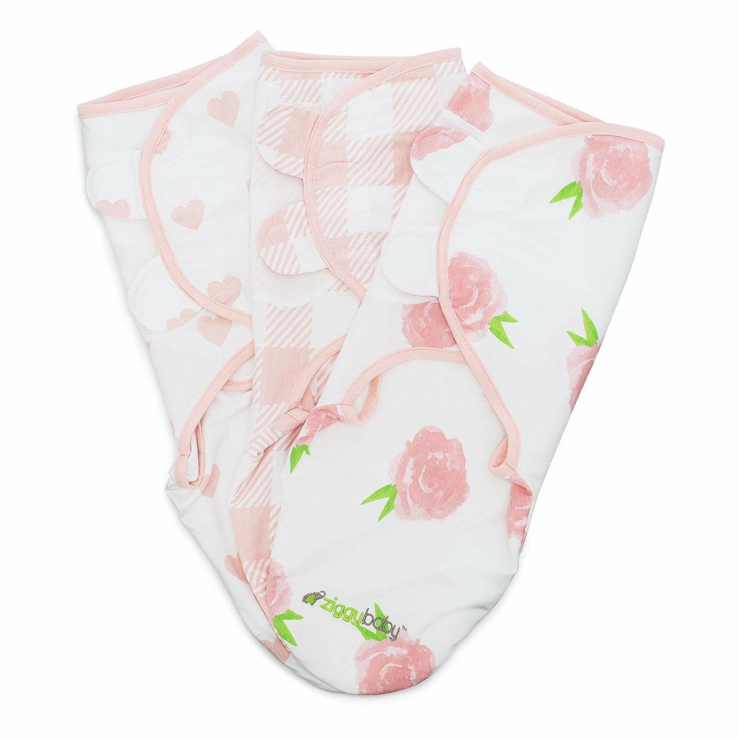 Ziggy Baby Swaddle Blanket Adjustable Wrap 3Pack Pink Peony Heart Plaid Size S/M