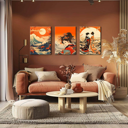 Framed Japanese Wall Art Set of 3 Nature Landscape Wave Cherry Blossom 12x16in