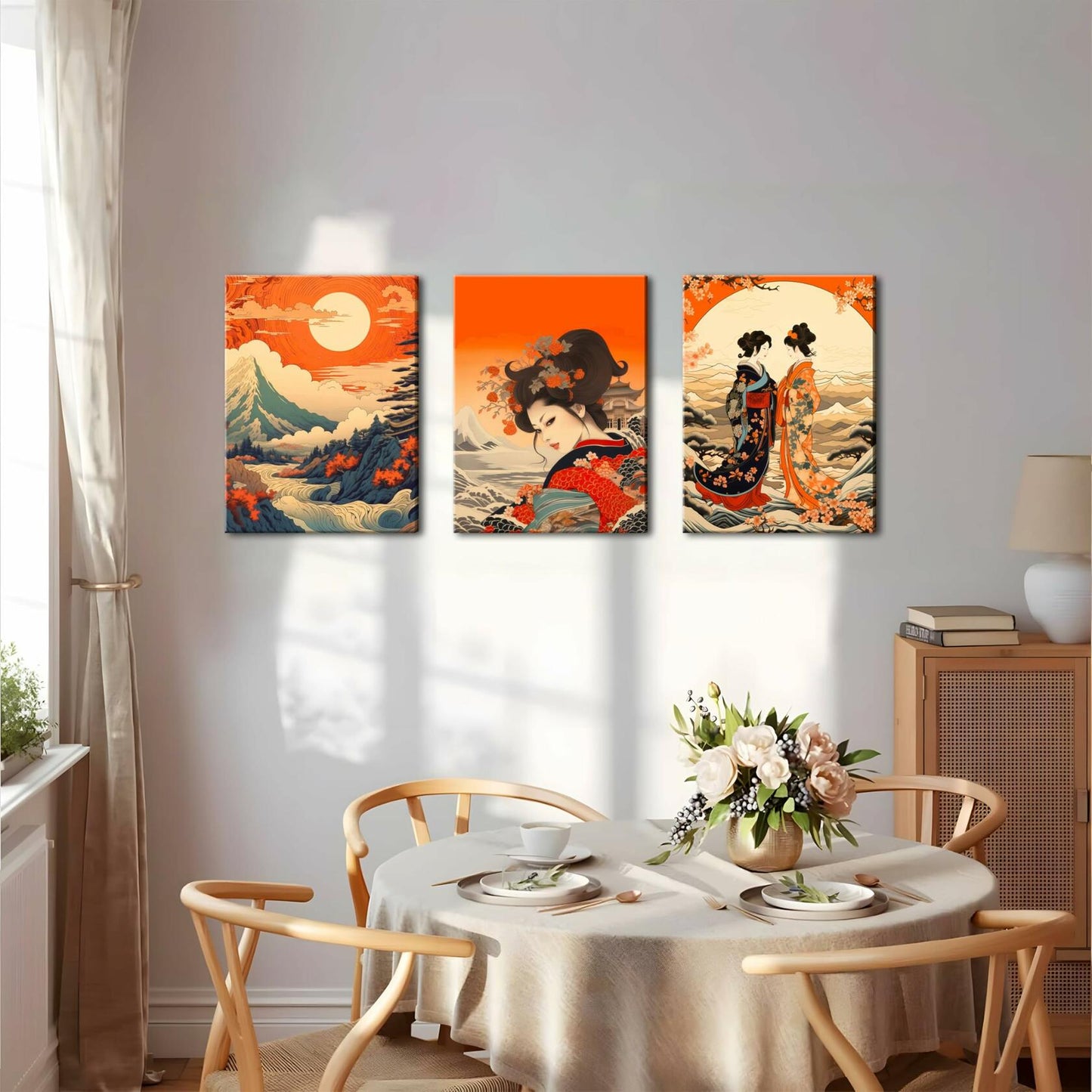 Framed Japanese Wall Art Set of 3 Nature Landscape Wave Cherry Blossom 12x16in