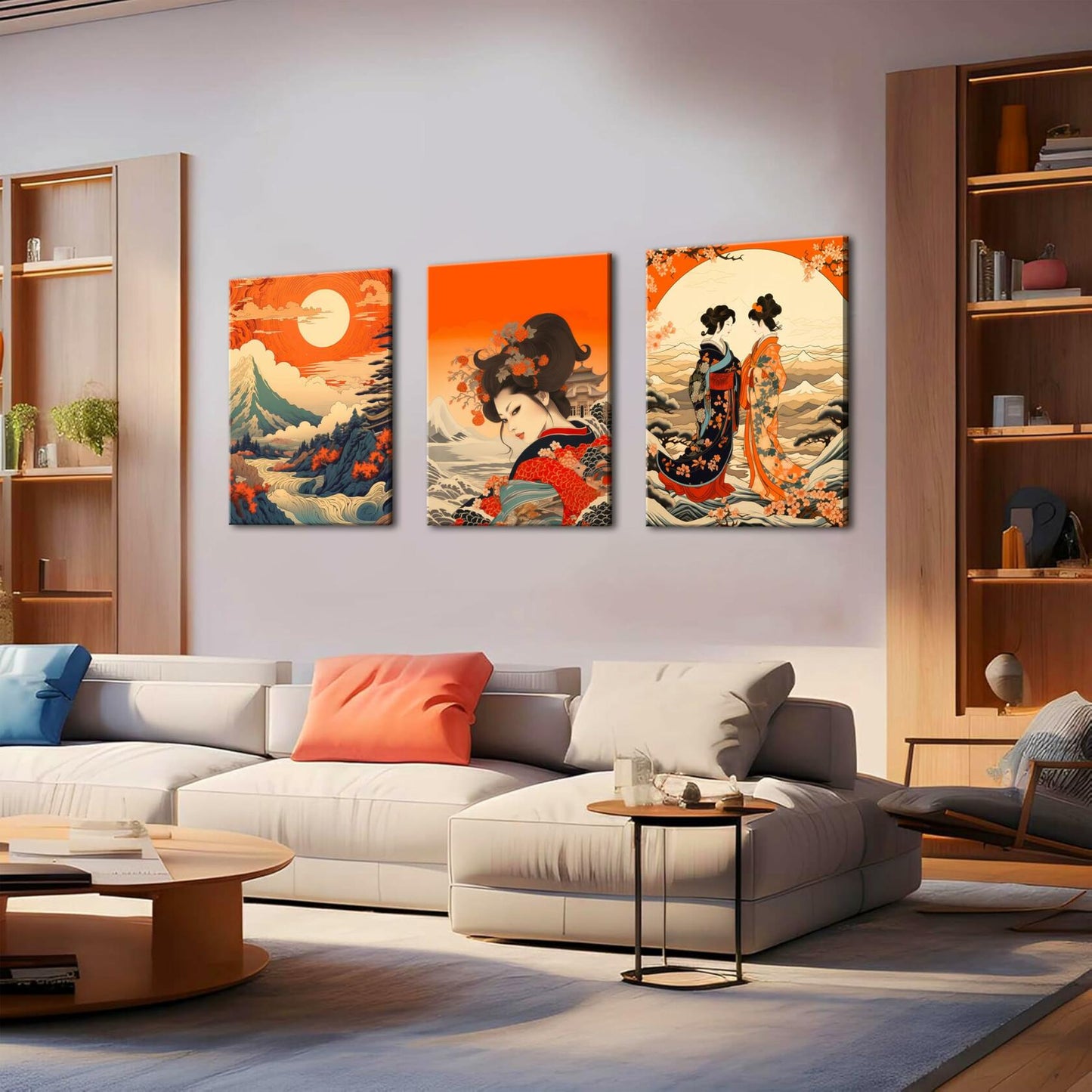 Framed Japanese Wall Art Set of 3 Nature Landscape Wave Cherry Blossom 12x16in