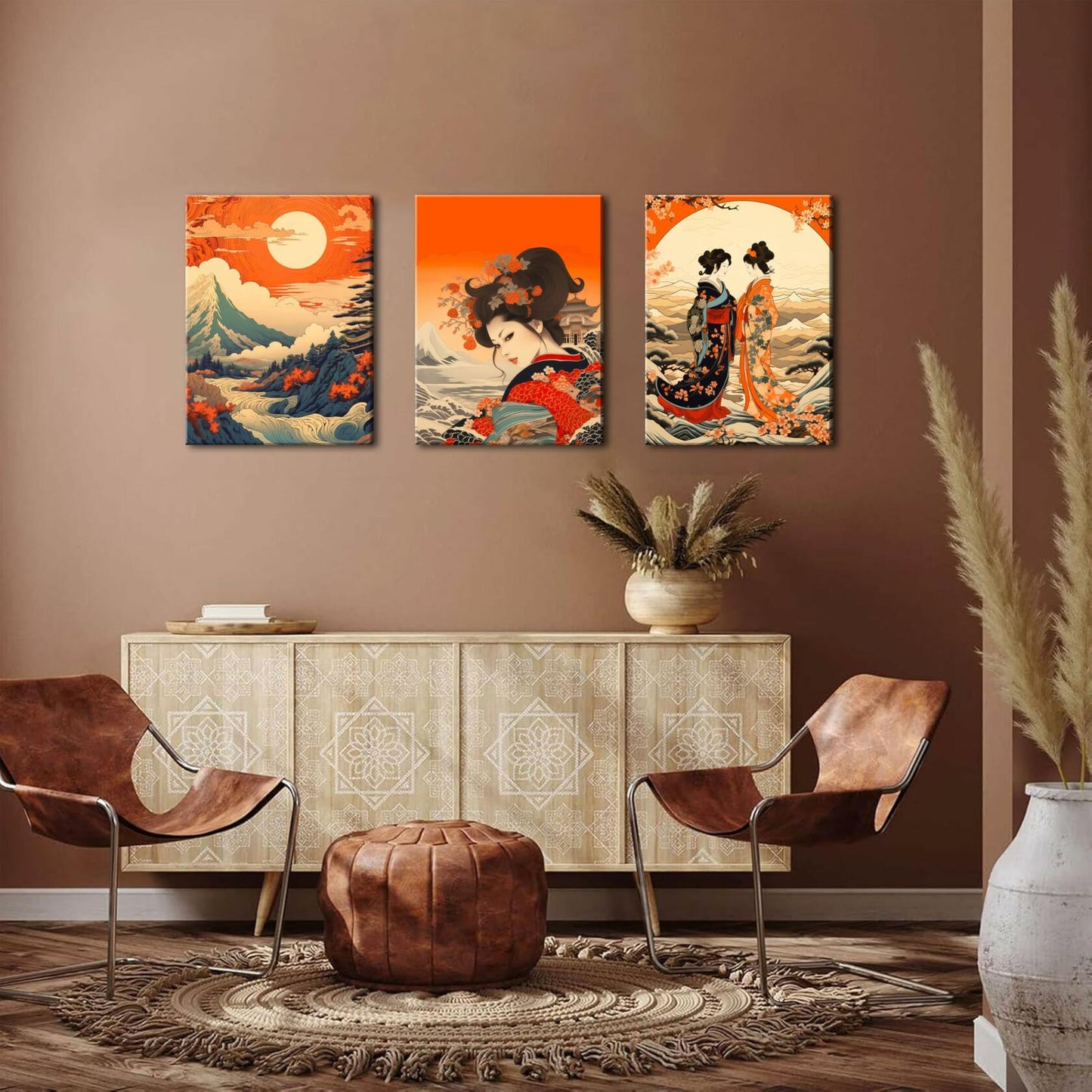 Framed Japanese Wall Art Set of 3 Nature Landscape Wave Cherry Blossom 12x16in