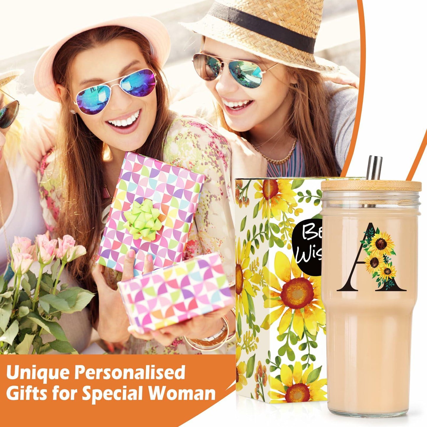 Personalized Initial Glass Cup 24oz Tumbler with Lid Straw Sunflower S