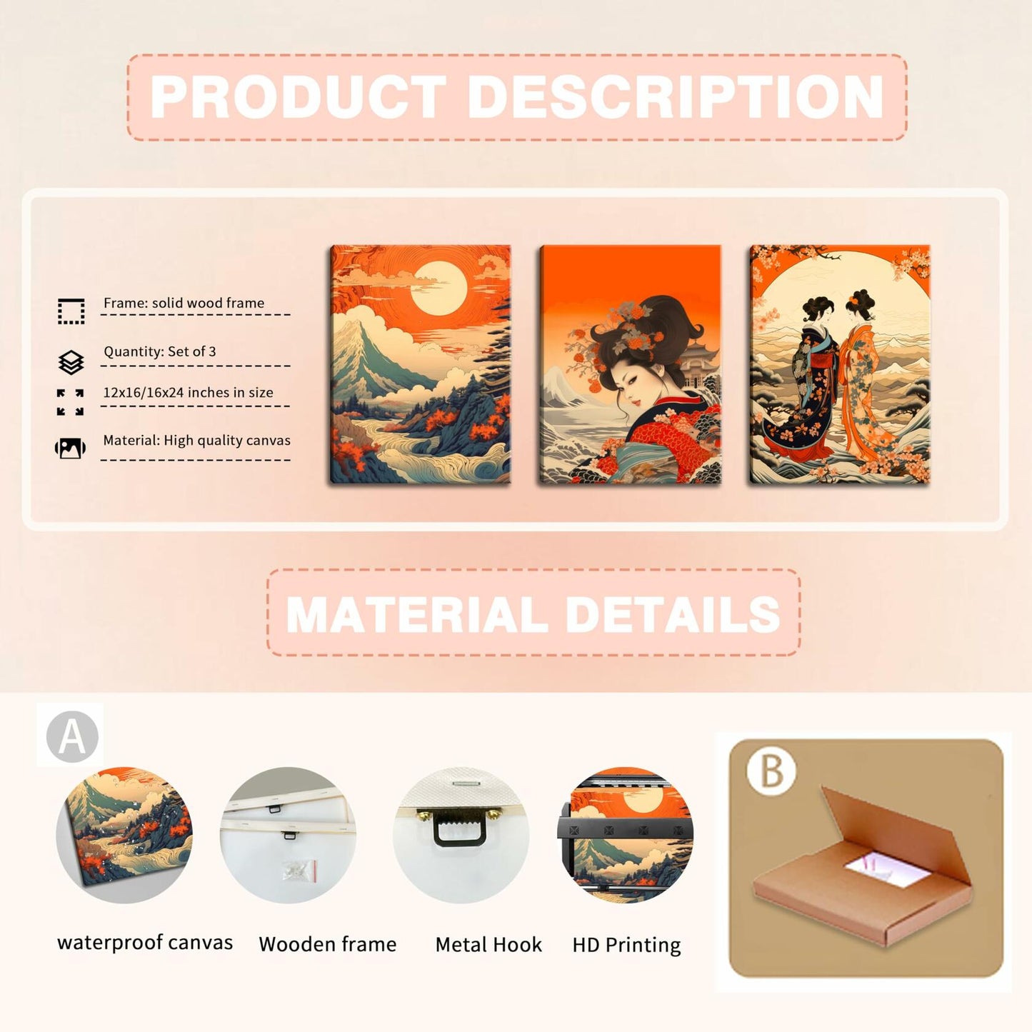 Framed Japanese Wall Art Set of 3 Nature Landscape Wave Cherry Blossom 12x16in