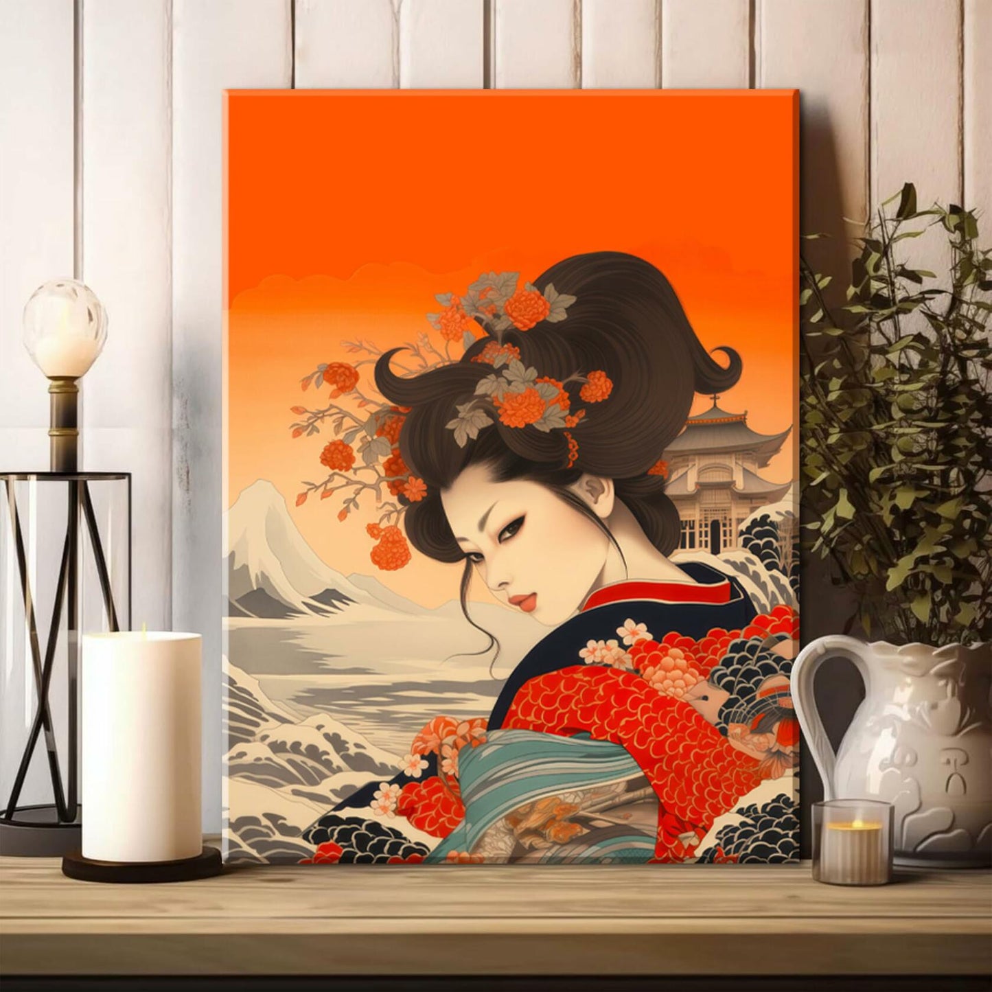 Framed Japanese Wall Art Set of 3 Nature Landscape Wave Cherry Blossom 12x16in