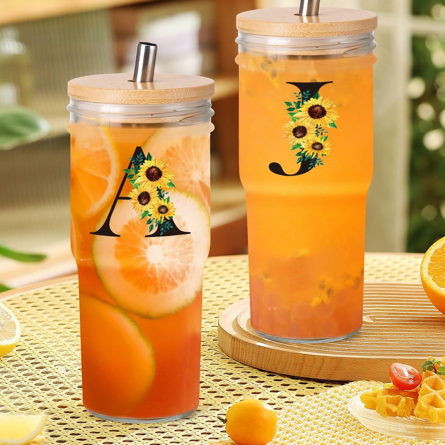 Personalized Initial Glass Cup 24oz Tumbler with Lid Straw Sunflower S
