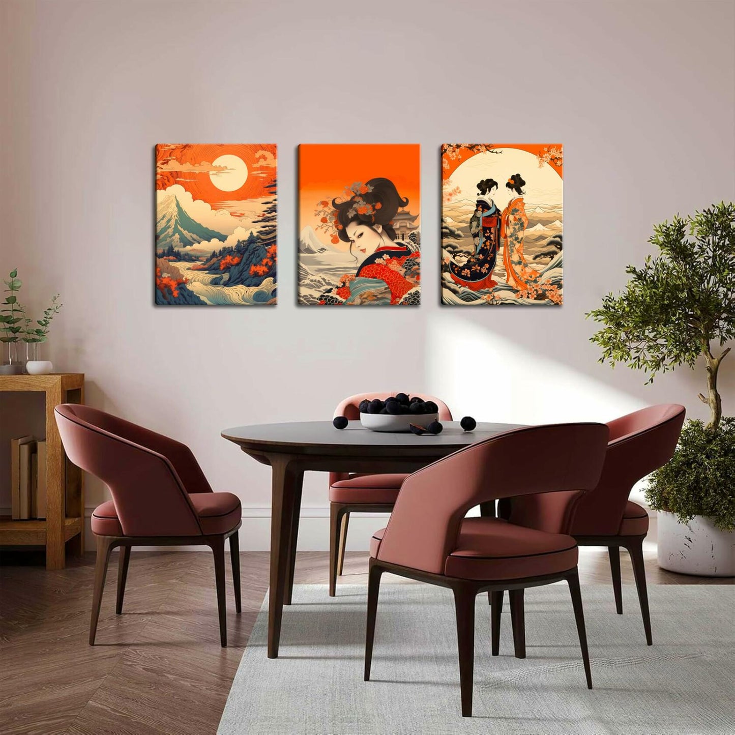 Framed Japanese Wall Art Set of 3 Nature Landscape Wave Cherry Blossom 12x16in