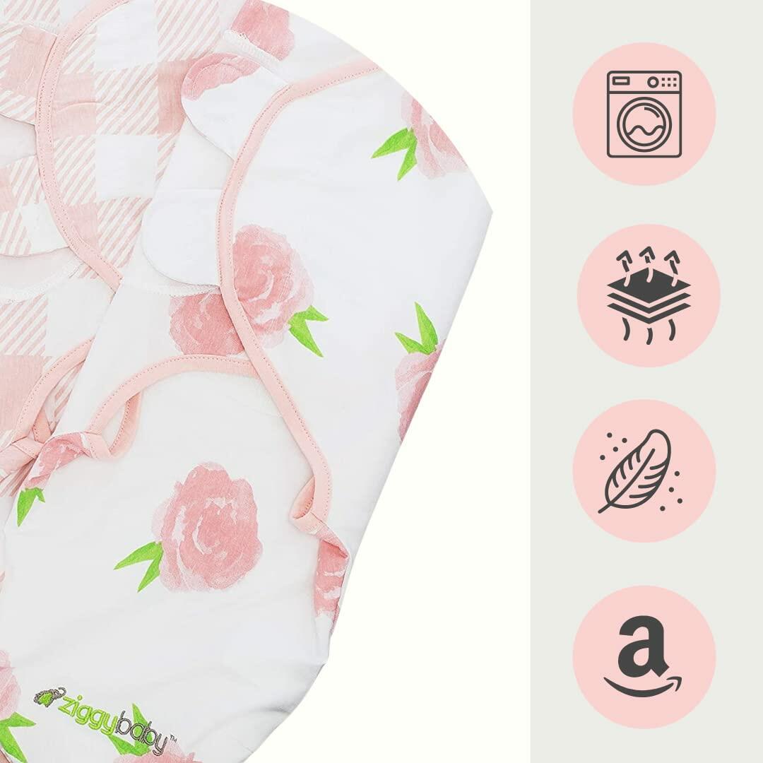 Ziggy Baby Swaddle Blanket Adjustable Wrap 3Pack Pink Peony Heart Plaid Size S/M