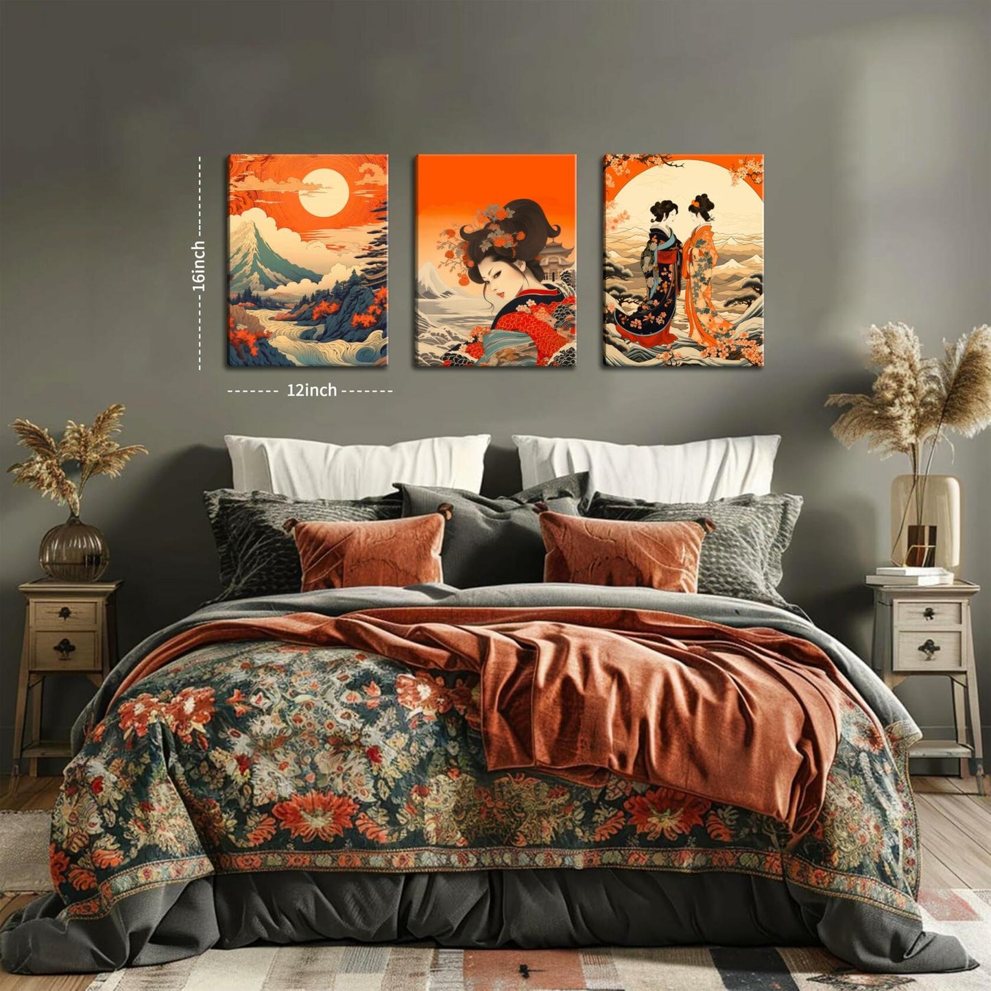 Framed Japanese Wall Art Set of 3 Nature Landscape Wave Cherry Blossom 12x16in