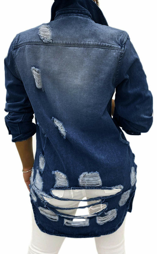 sexycherry Denim Navy Blue Distressed Trucker Jacket for Women Size 3X-Large