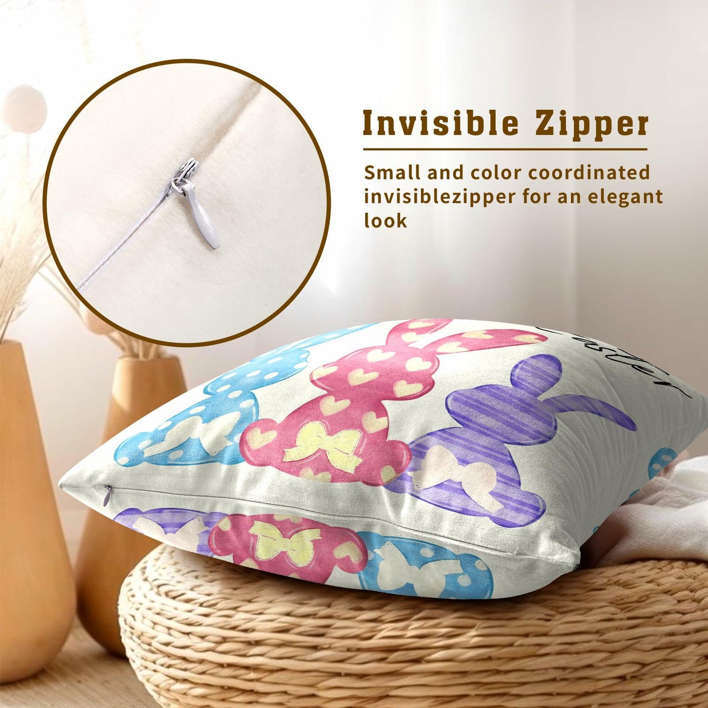 Happy Easter Throw Pillow Covers Set of 2 18x18 Cotton Colorful Bunny