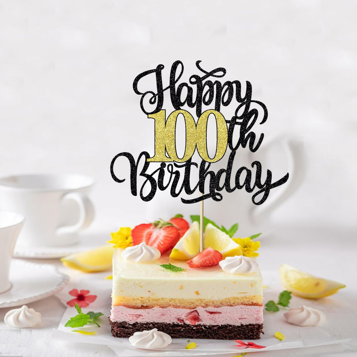 Leetaivie Happy 90th Birthday Cake Topper Black Gold Glitter Party Decor