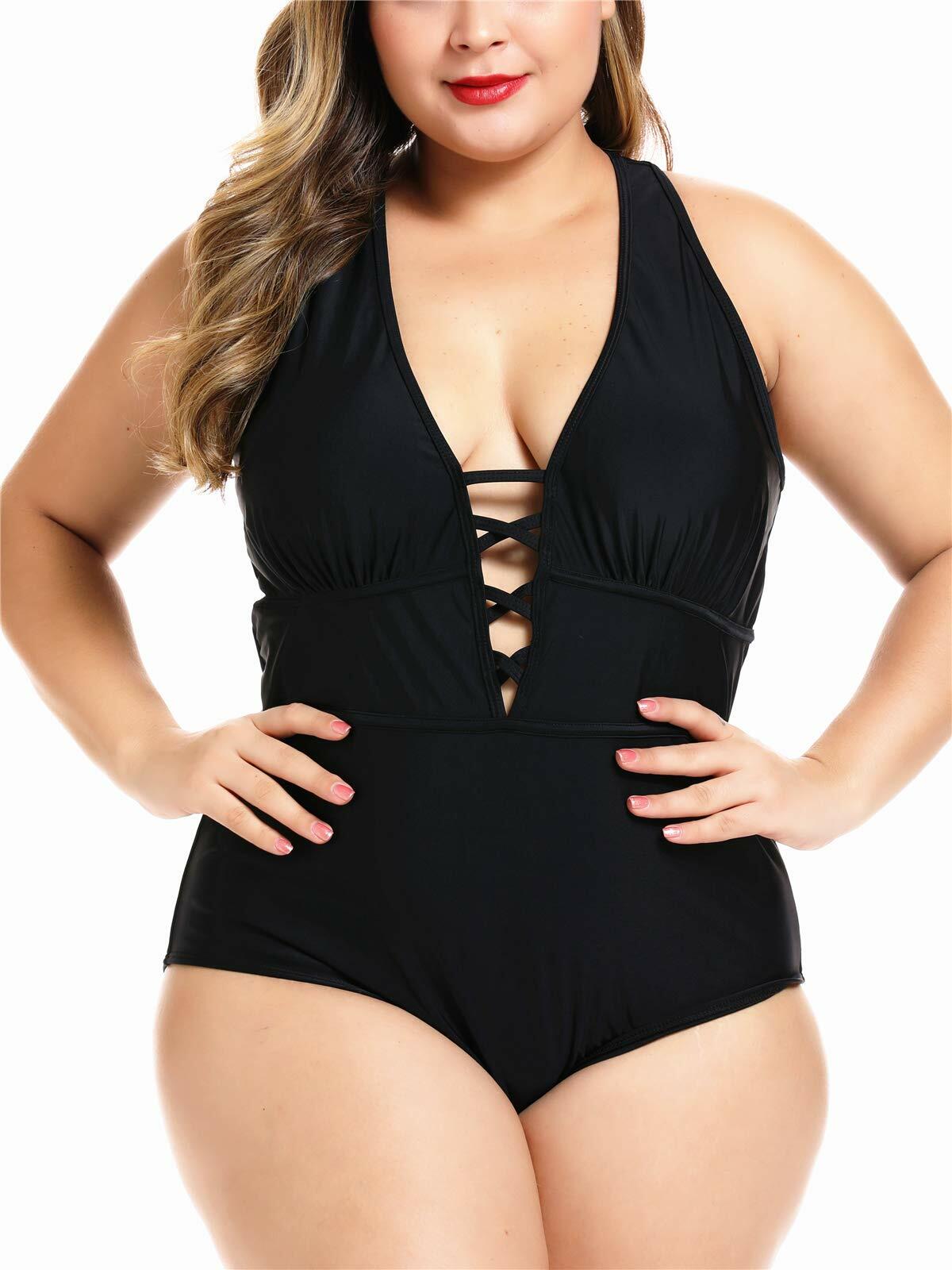 FlatterMe Women's Sexy Plus Size Black One Piece Swimsuit Lace Up Size 3XL