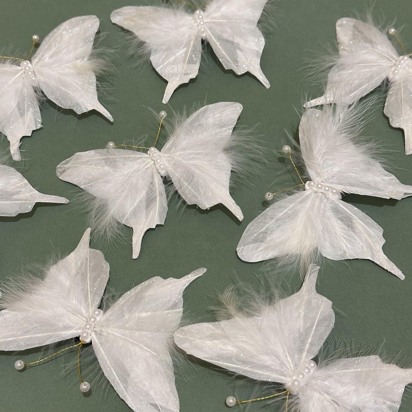 12PCS White Feather Butterfly Clips with Pearls 3inch for Crafts Wedding