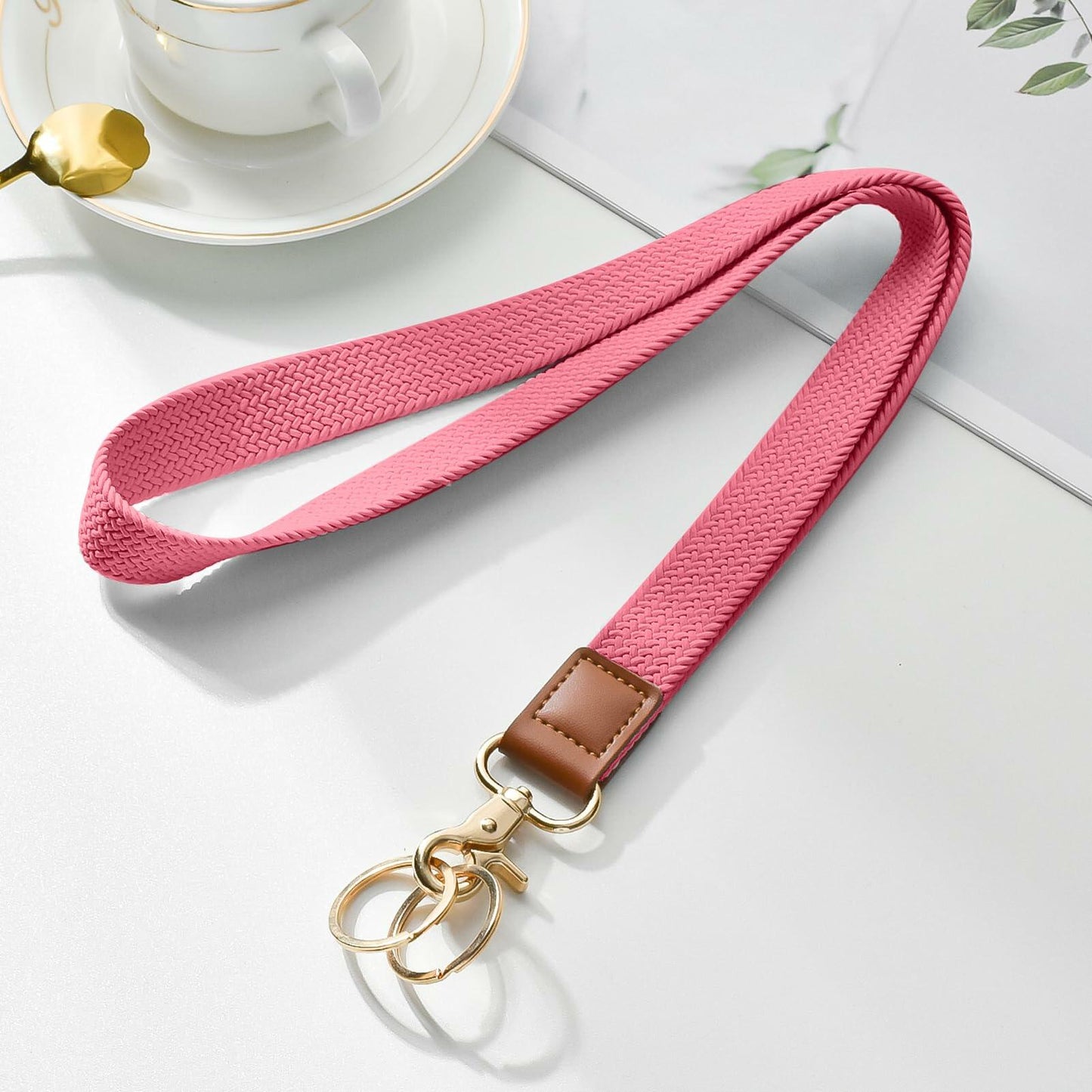 Knagsfa Braided Nylon Badge Lanyard with Dual Keyrings Metal Hook Orange Pink