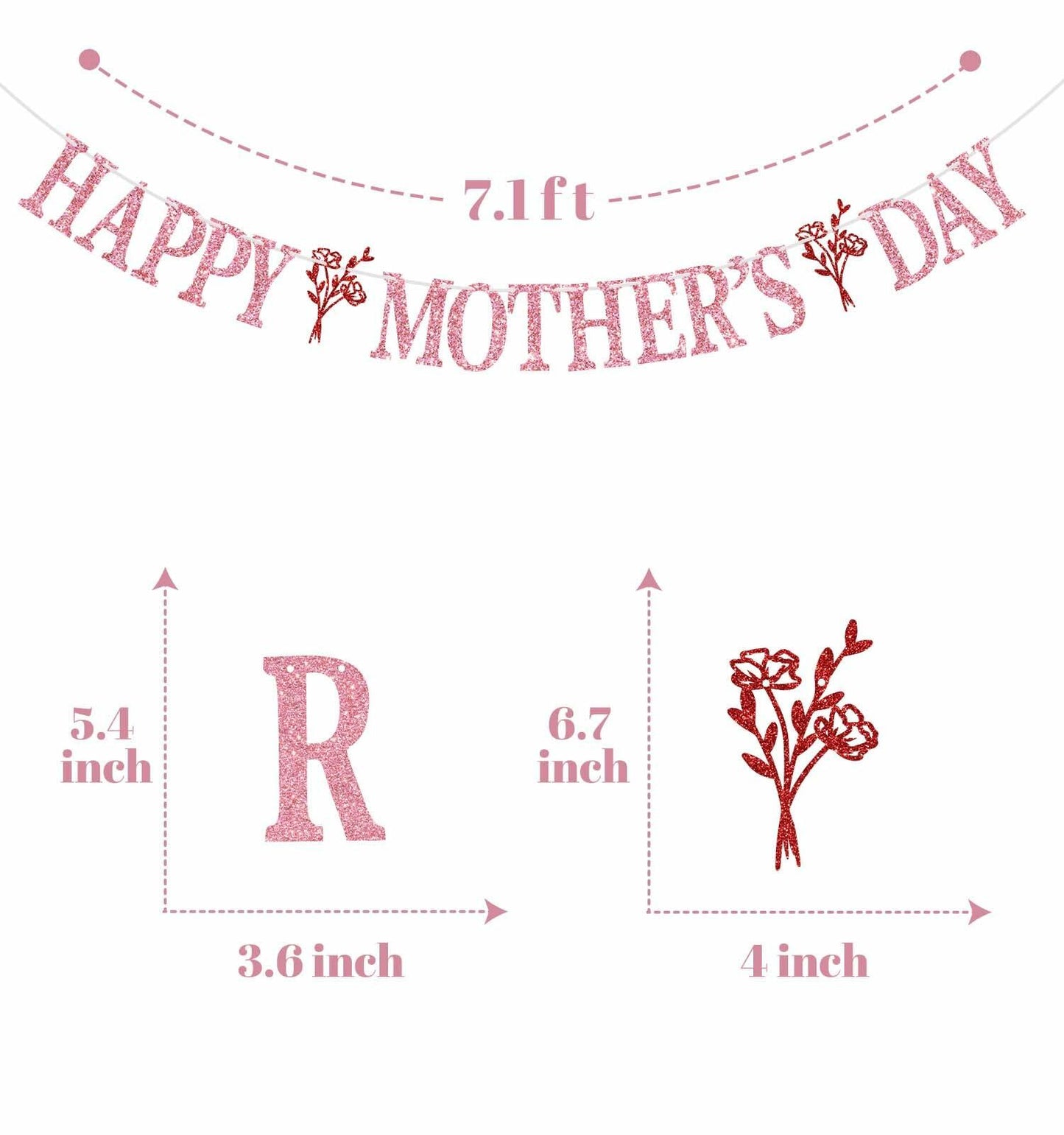 Happy Mother's Day Banner Best Mom Ever Flower Theme Pink & Red Glitter