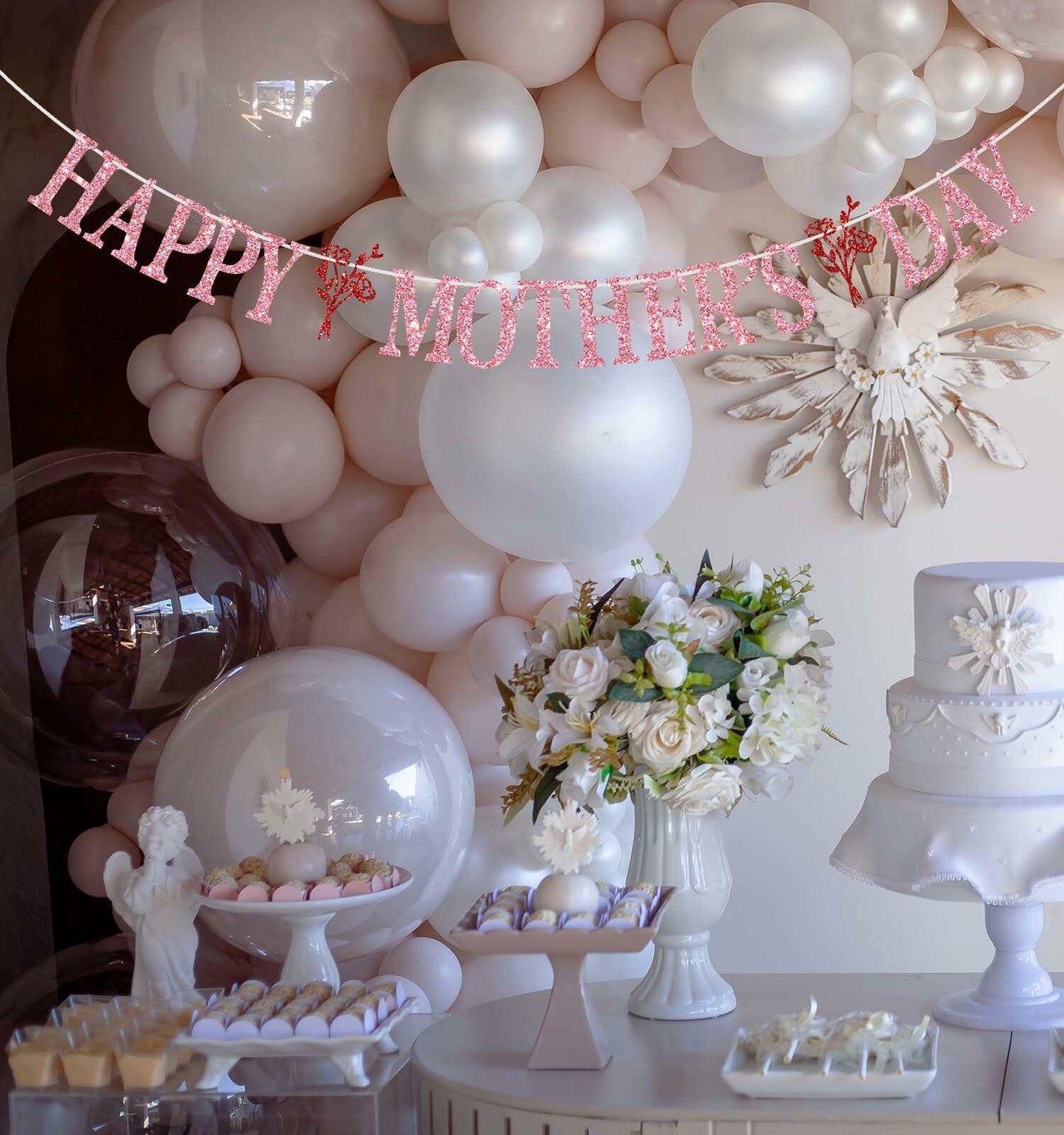 Happy Mother's Day Banner Best Mom Ever Flower Theme Pink & Red Glitter