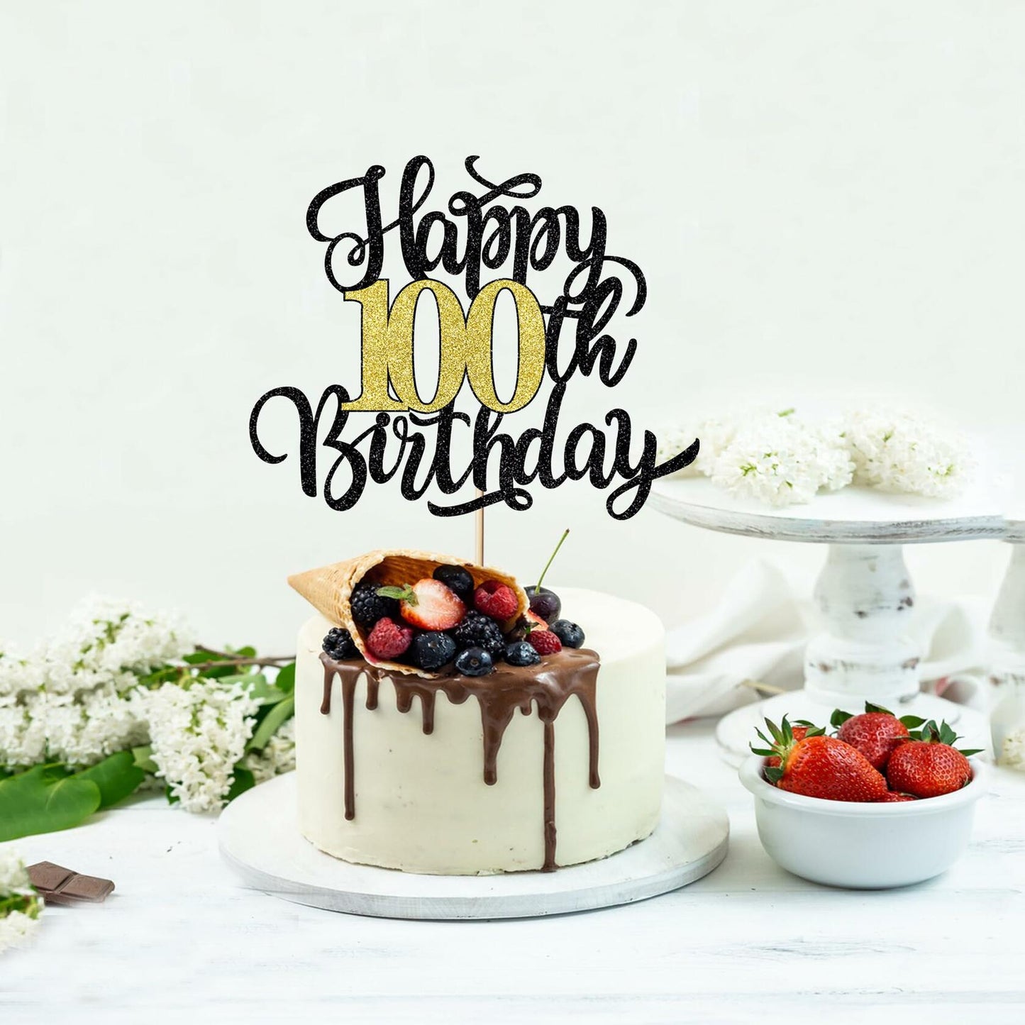 Leetaivie Happy 90th Birthday Cake Topper Black Gold Glitter Party Decor