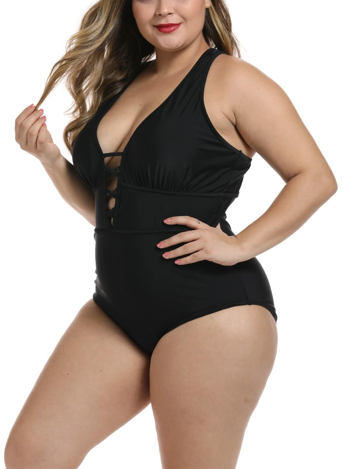 FlatterMe Women's Sexy Plus Size Black One Piece Swimsuit Lace Up Size 3XL