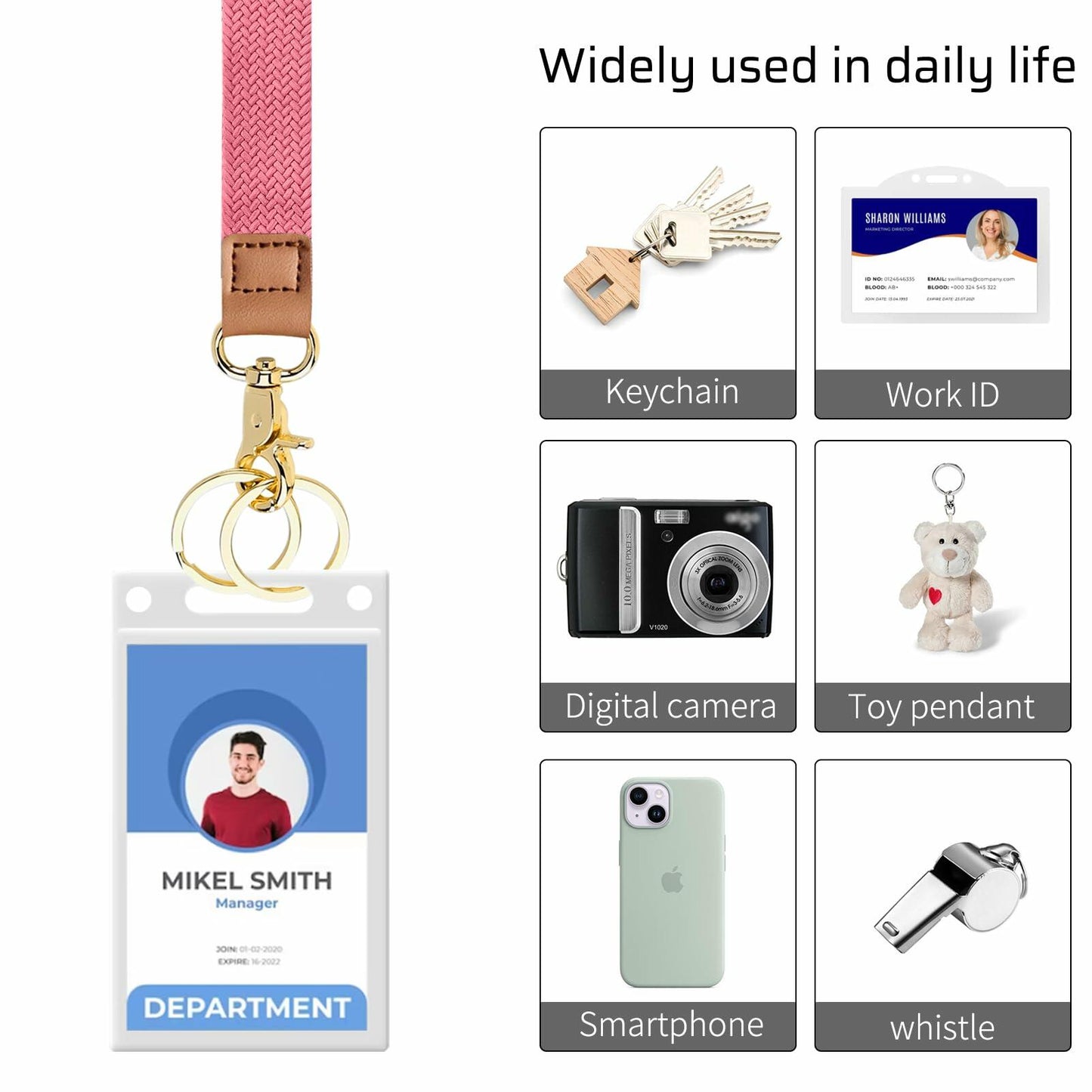 Knagsfa Braided Nylon Badge Lanyard with Dual Keyrings Metal Hook Orange Pink