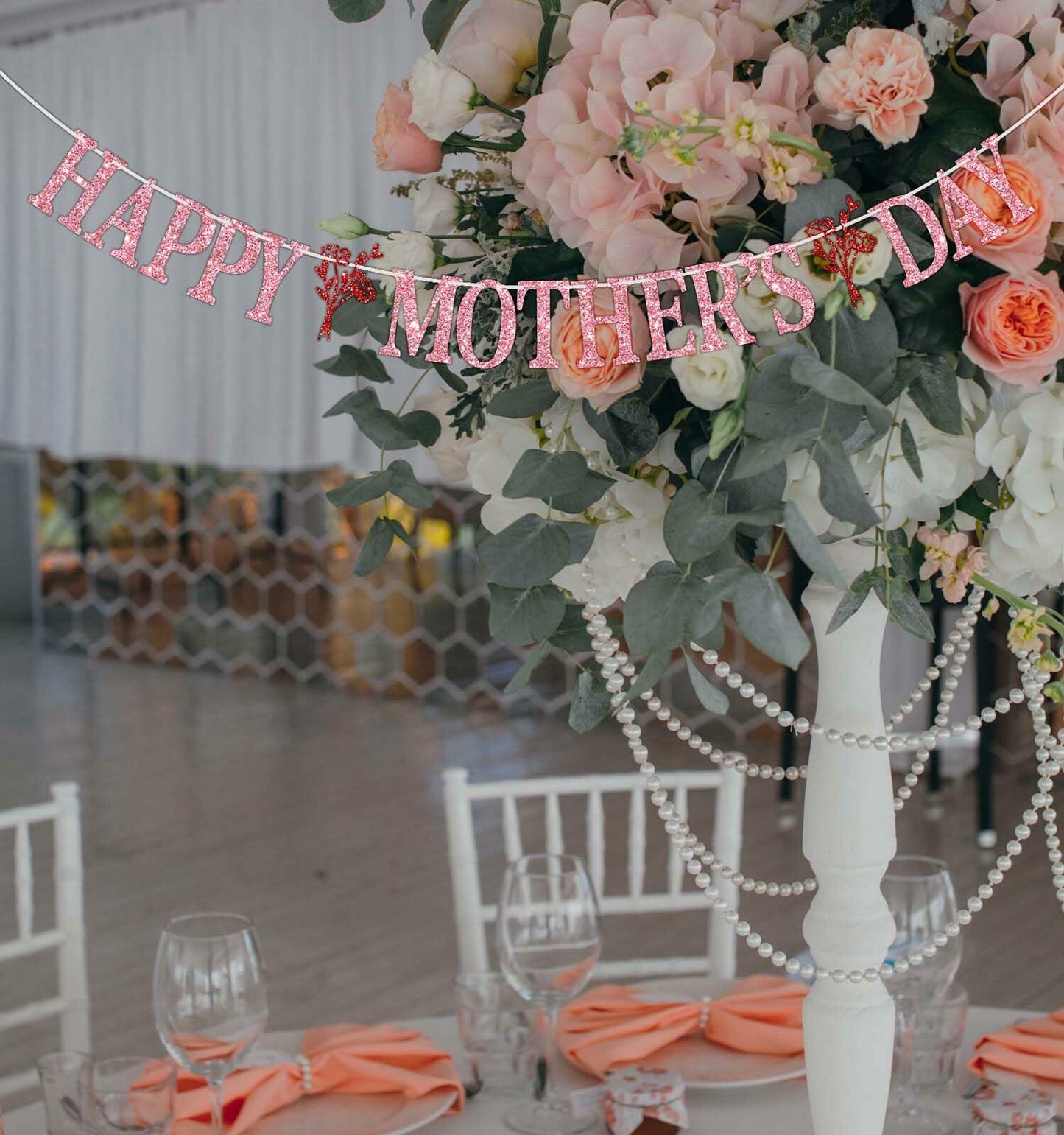 Happy Mother's Day Banner Best Mom Ever Flower Theme Pink & Red Glitter