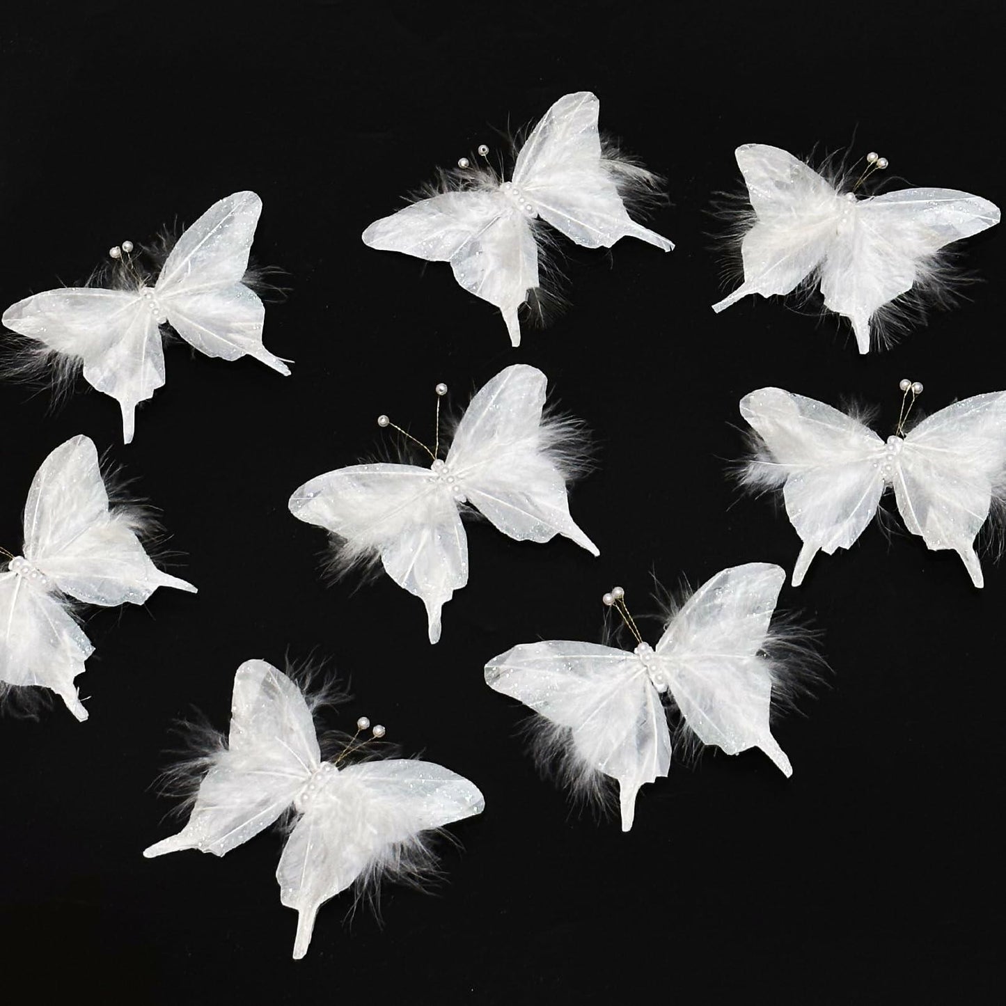 12PCS White Feather Butterfly Clips with Pearls 3inch for Crafts Wedding