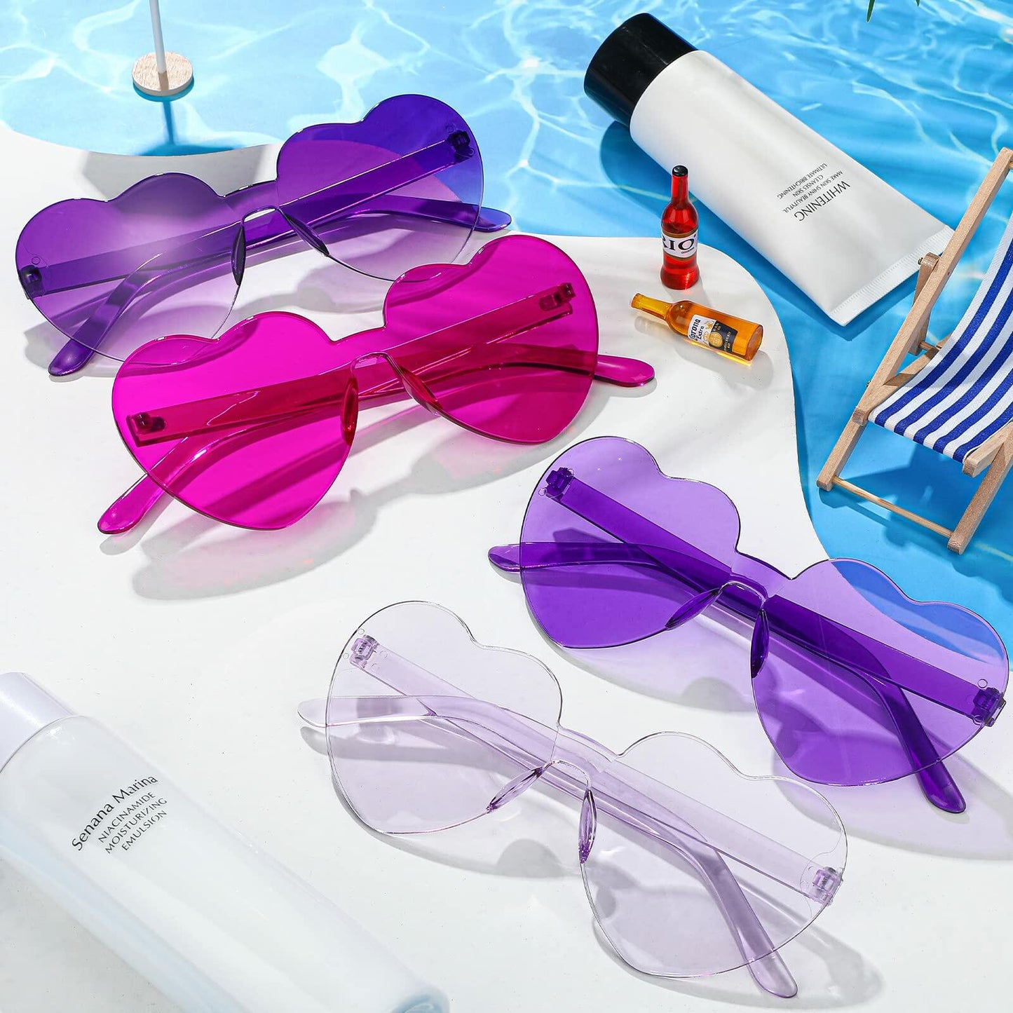 TOODOO 4 Pack Heart Shaped Rimless Sunglasses Candy Color Purple Series