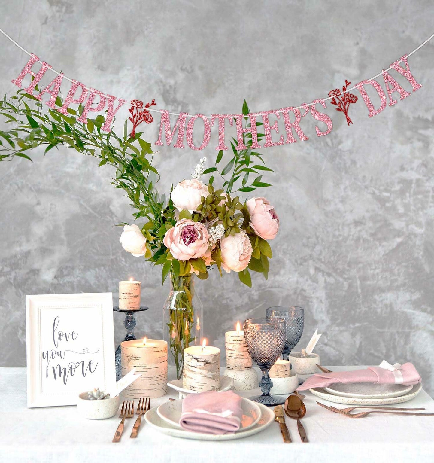 Happy Mother's Day Banner Best Mom Ever Flower Theme Pink & Red Glitter