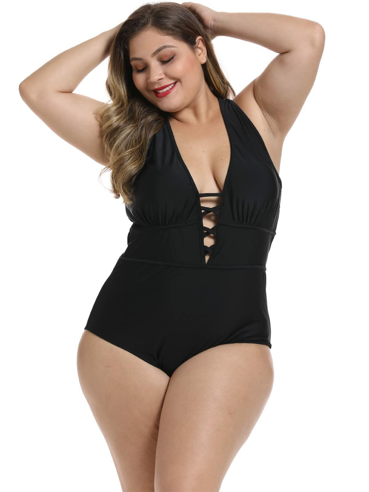 FlatterMe Women's Sexy Plus Size Black One Piece Swimsuit Lace Up Size 3XL