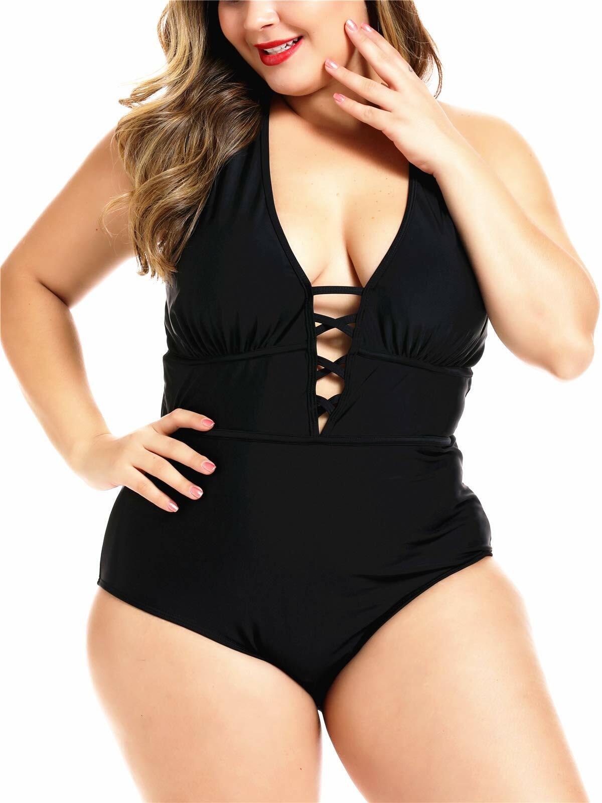 FlatterMe Women's Sexy Plus Size Black One Piece Swimsuit Lace Up Size 3XL