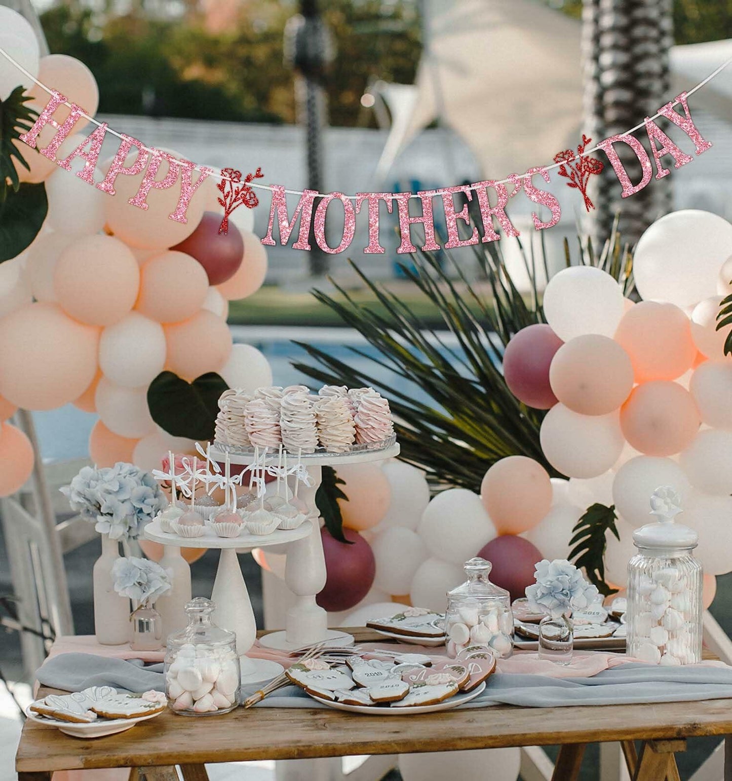 Happy Mother's Day Banner Best Mom Ever Flower Theme Pink & Red Glitter