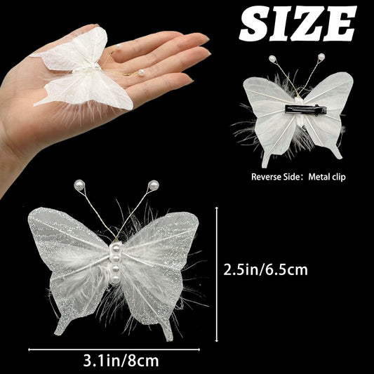 12PCS White Feather Butterfly Clips with Pearls 3inch for Crafts Wedding